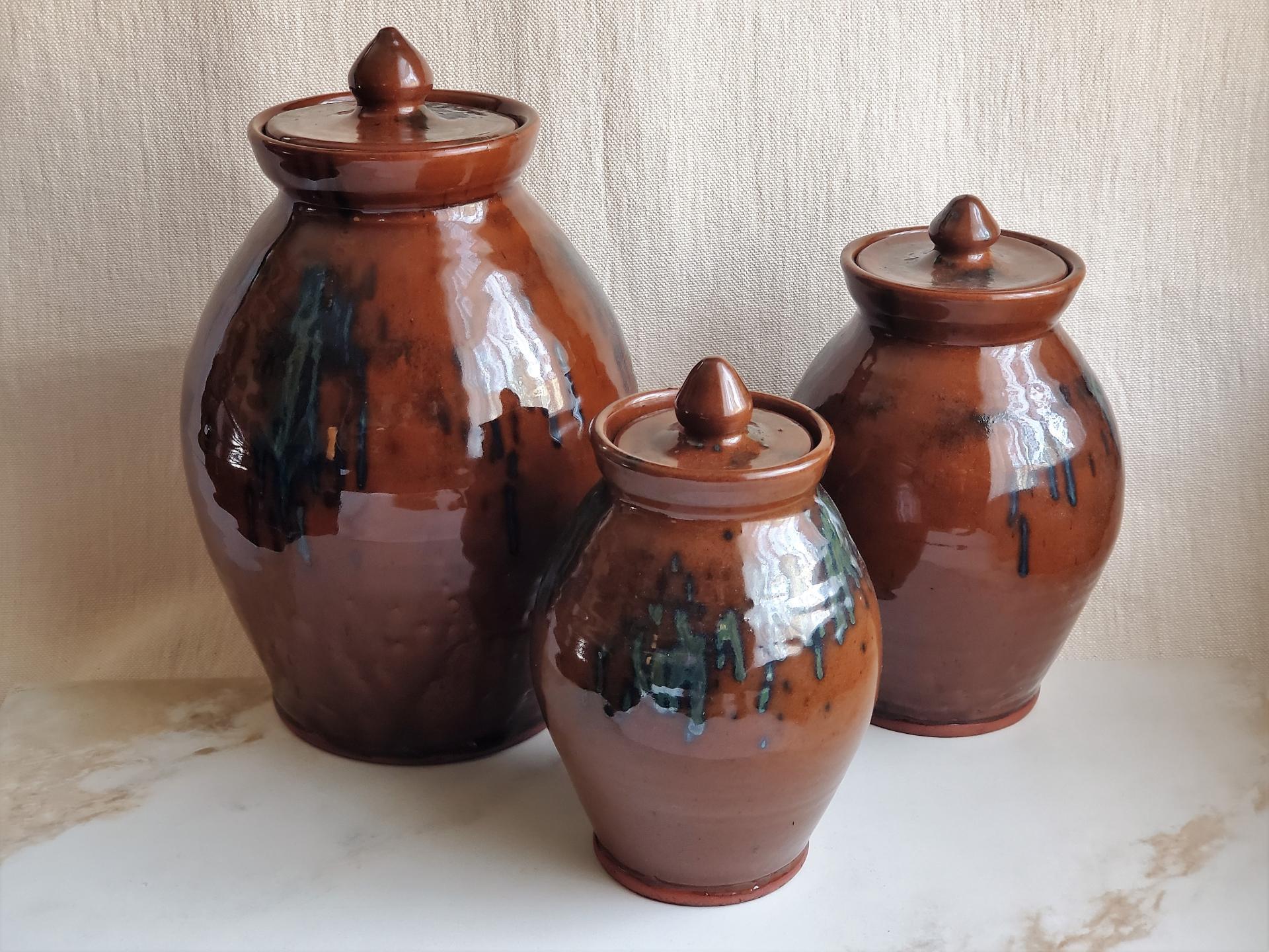 Redware 3 Jar/Canister Set with Acorn Knobs - Handcrafted by Rick of Pied Potter Hamelin