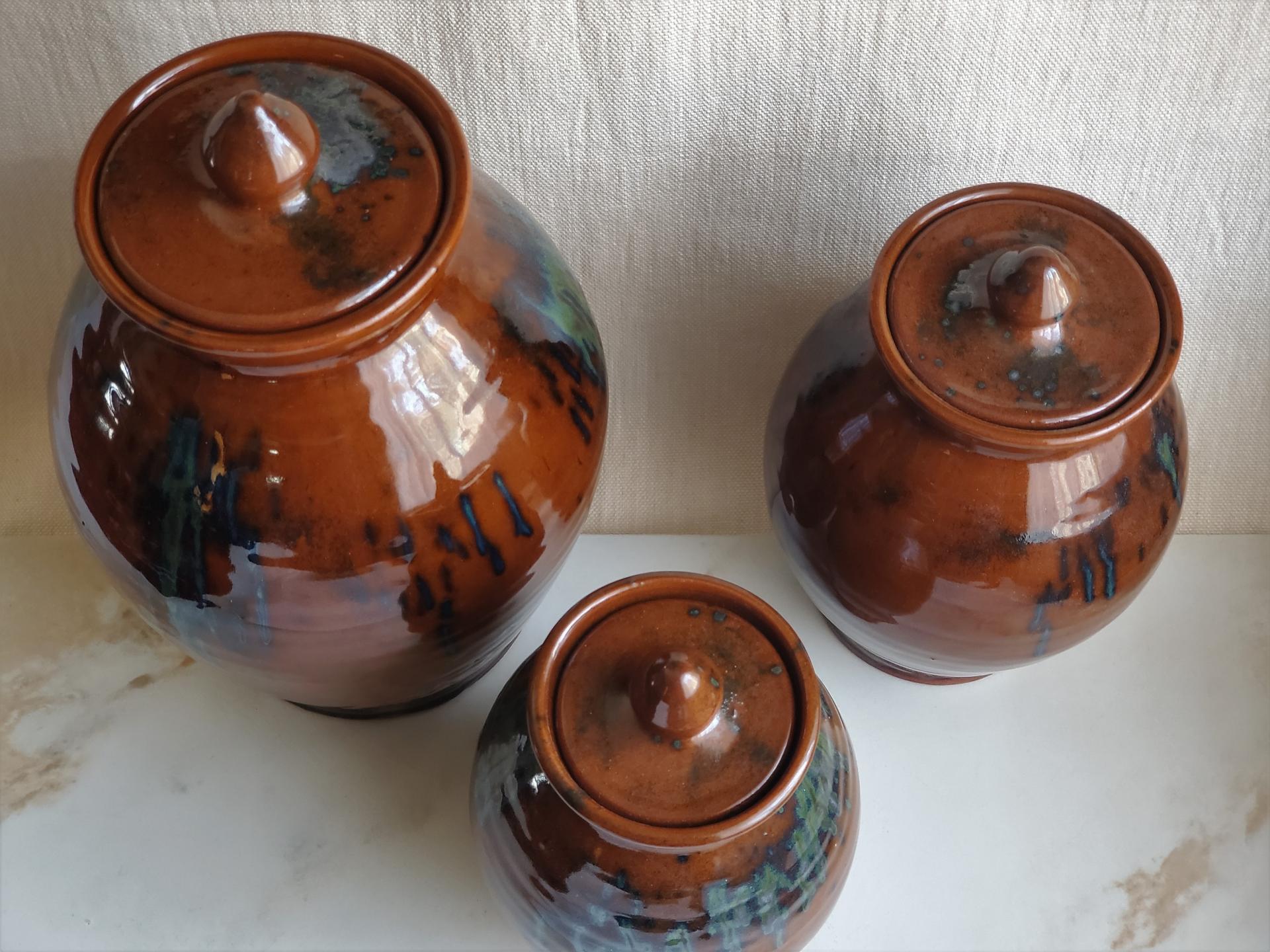 Redware 3 Jar/Canister Set with Acorn Knobs - Handcrafted by Rick of Pied Potter Hamelin