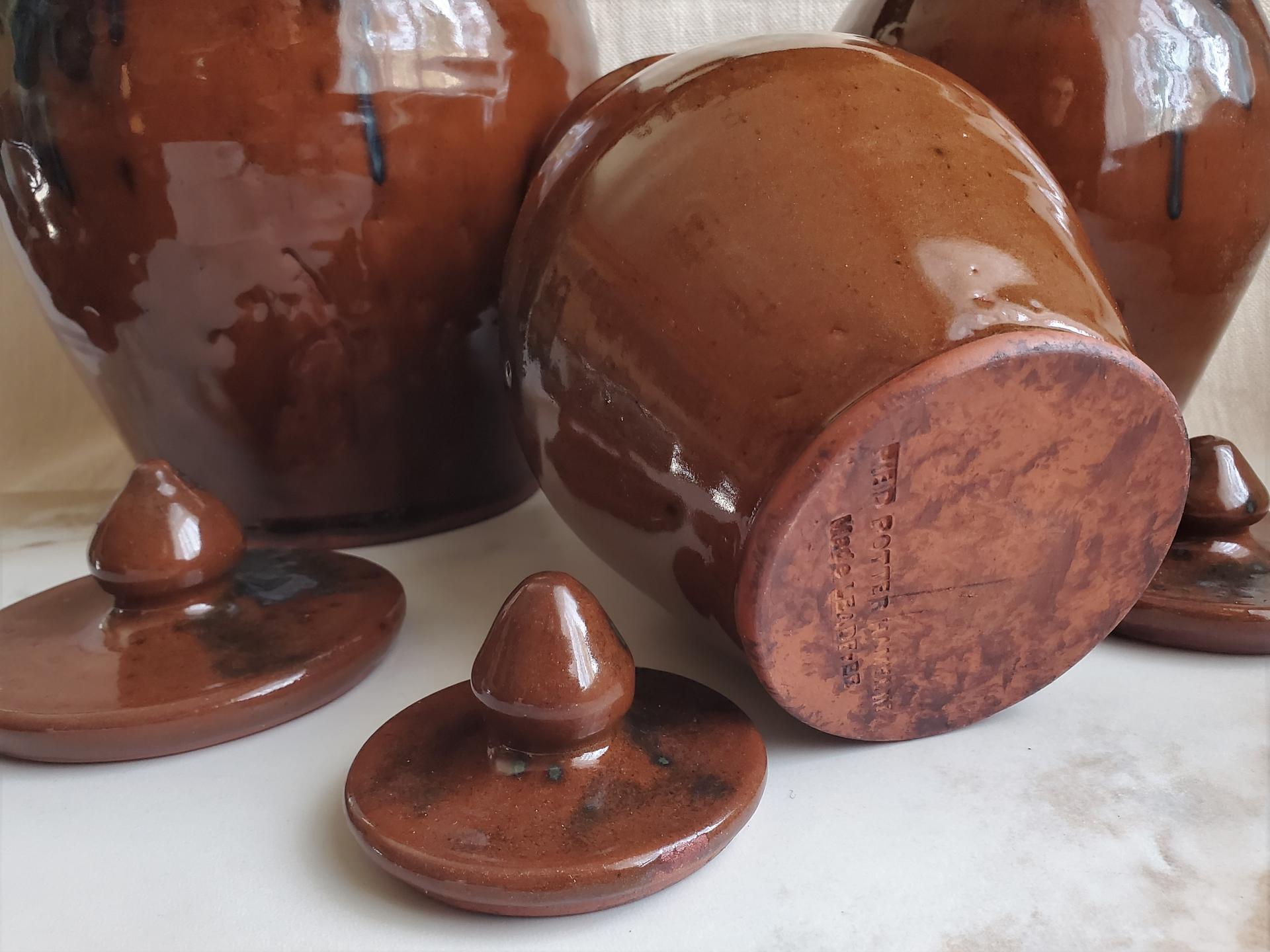 Redware 3 Jar/Canister Set with Acorn Knobs - Handcrafted by Rick of Pied Potter Hamelin