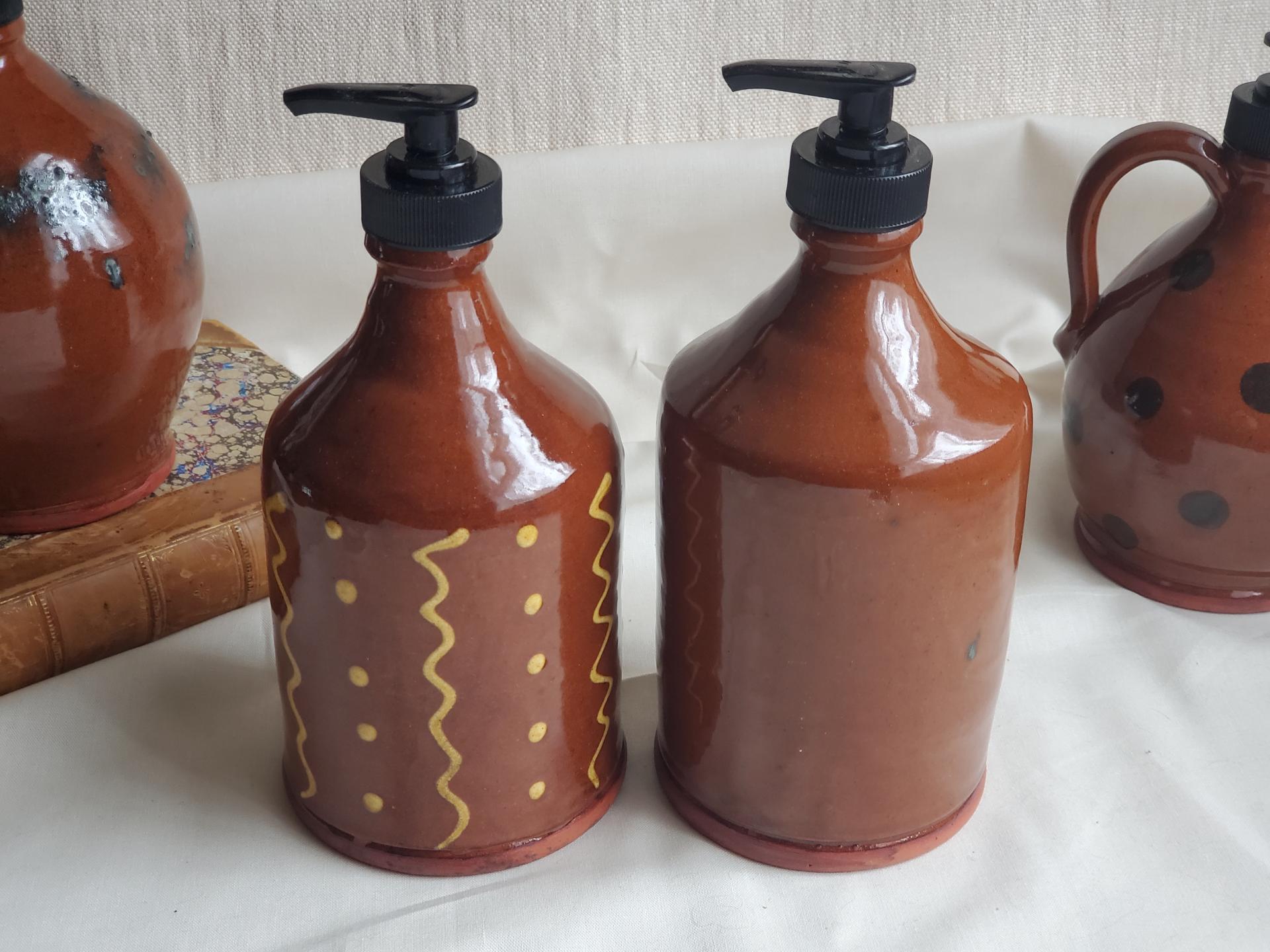 2 Redware Soap or Lotion Dispenser Bottles