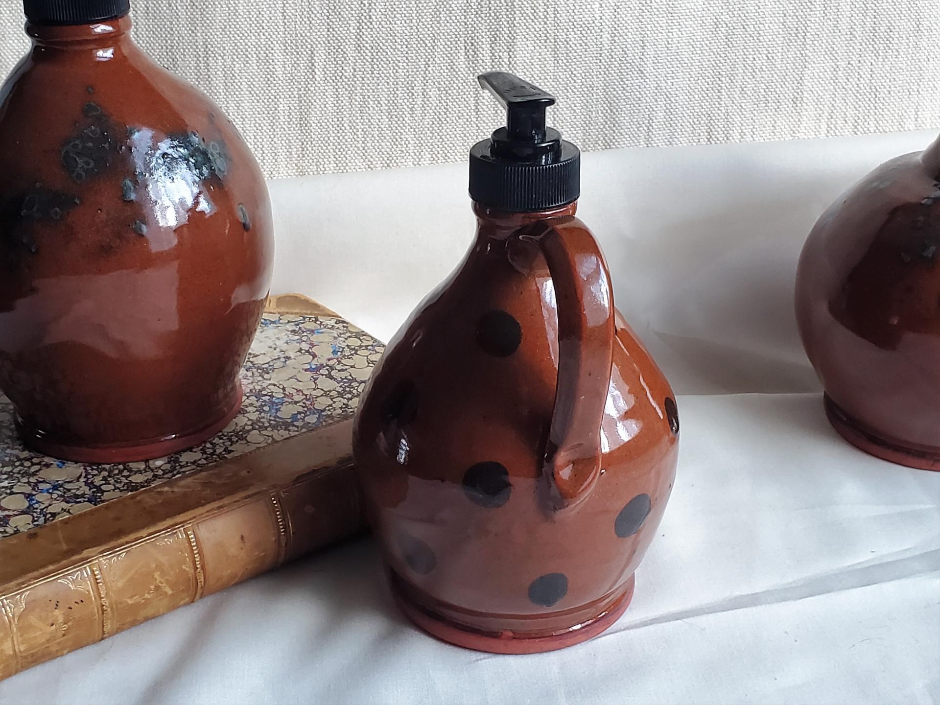Redware Soap/Lotion Jug Dispenser with Black Polka Dots