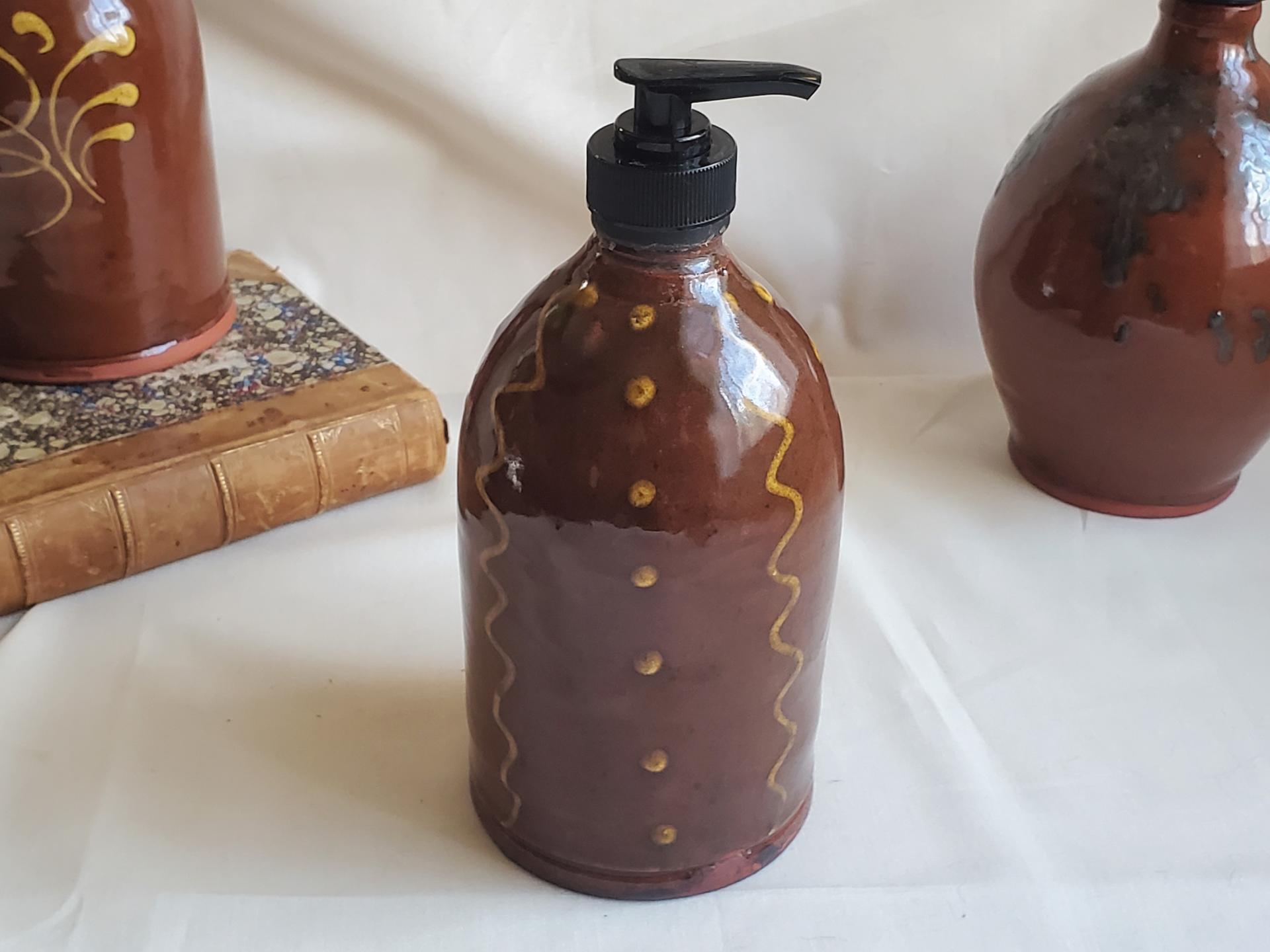 Redware Soap/Lotion Dispenser Bottle with Squiggles and Dots Pattern