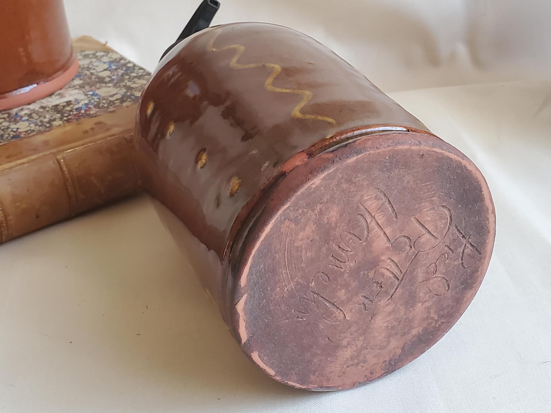 Redware Soap/Lotion Dispenser Bottle with Squiggles and Dots Pattern