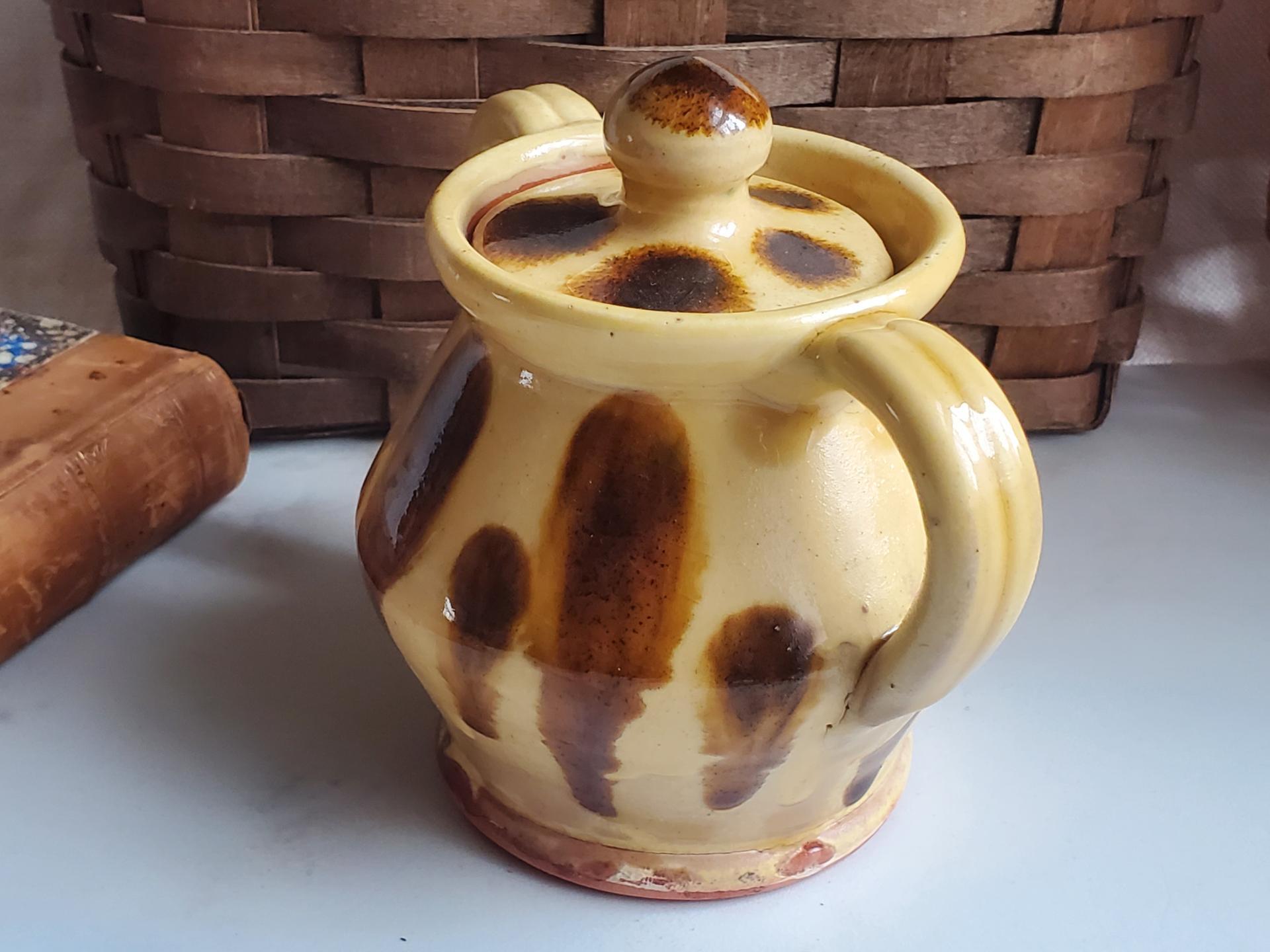 Redware Jar, Perfect Sugar Jar with Yellow Slip and Distinctive Drips