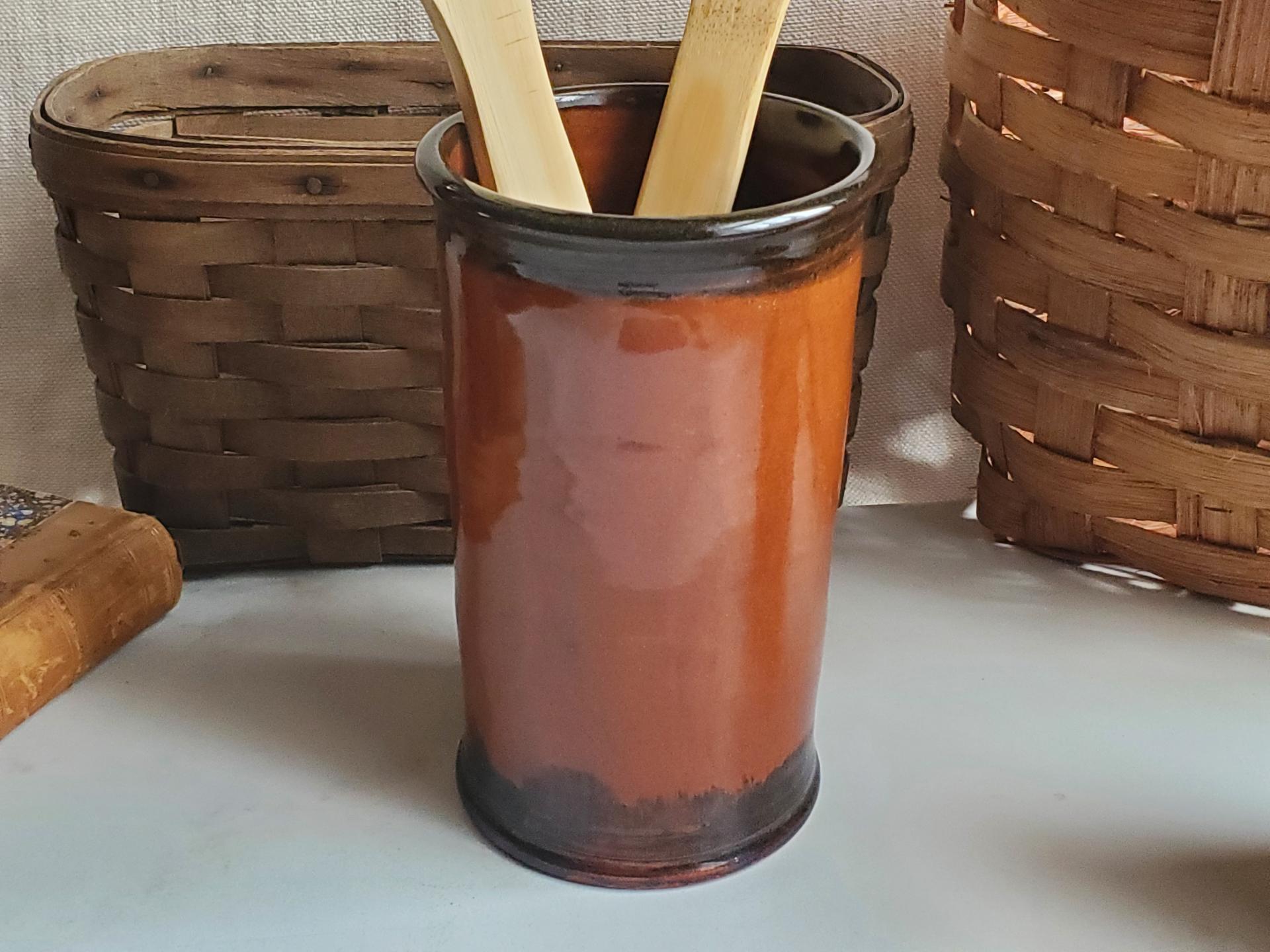 Handmade Redware Utensil Jar with Black Accents, 6.25" Tall