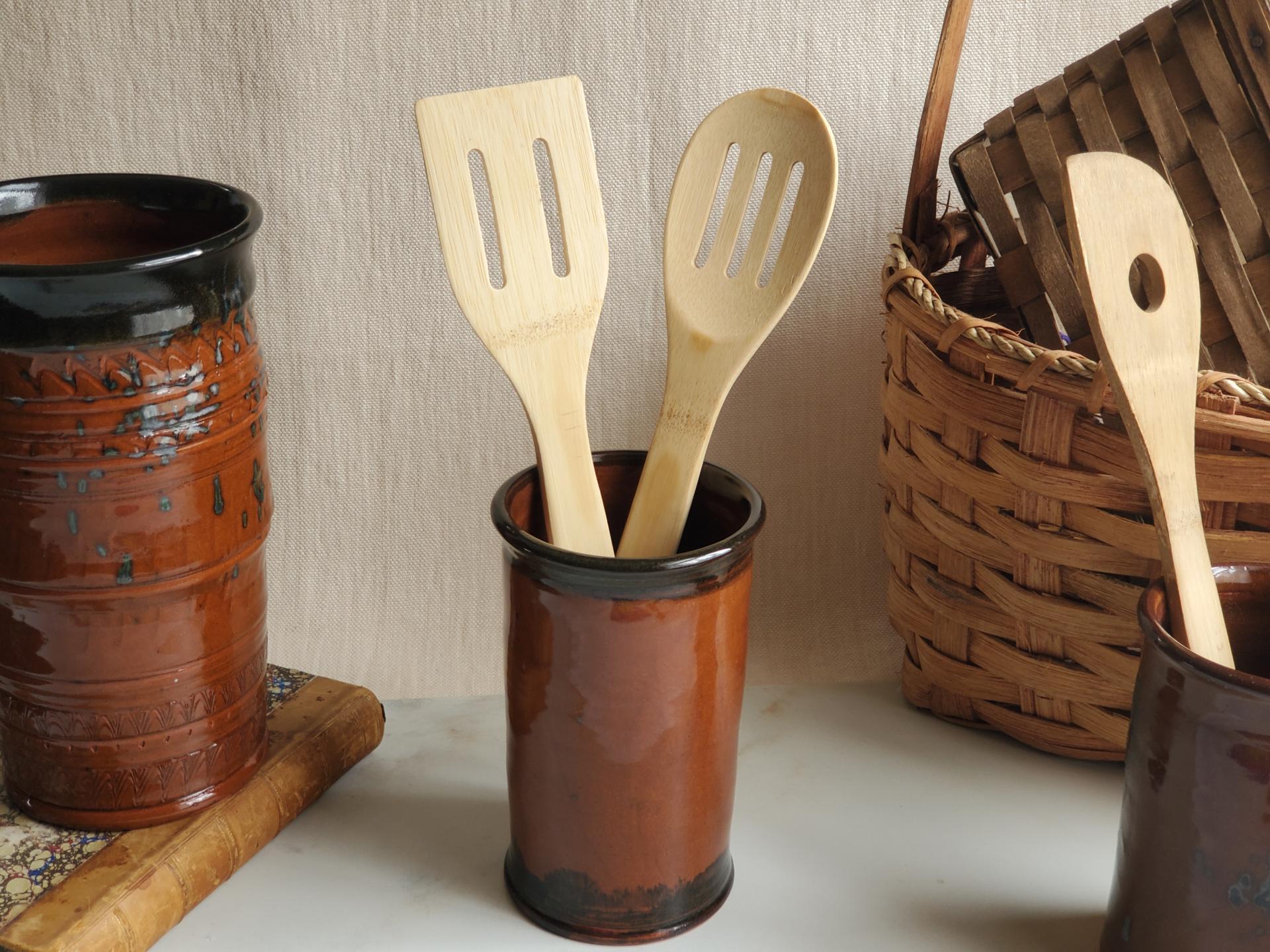 Handmade Redware Utensil Jar with Black Accents, 6.25" Tall