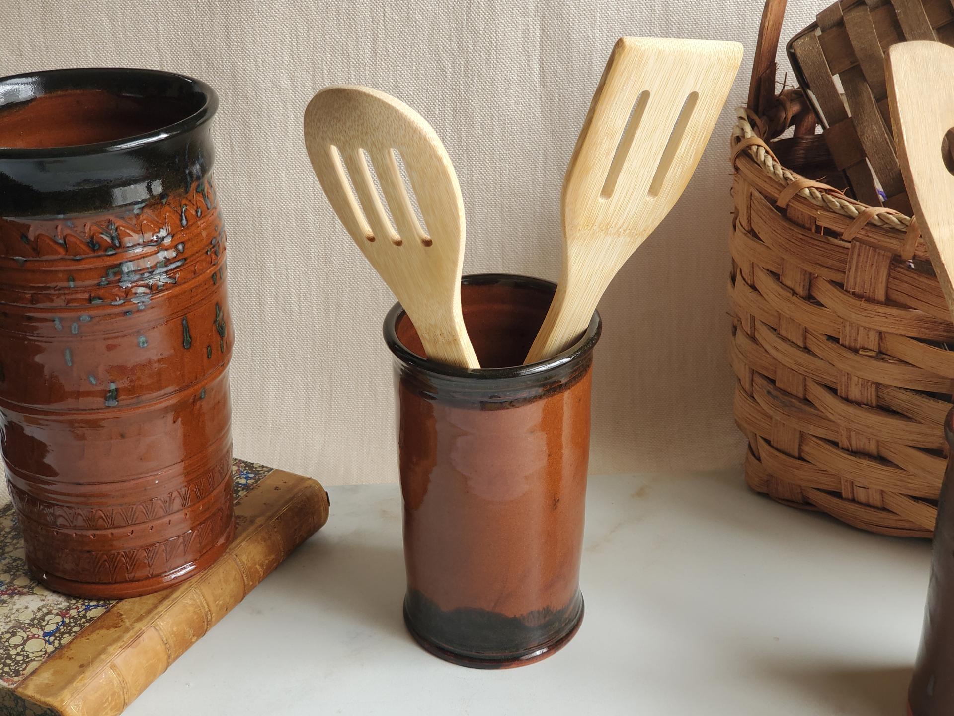 Handmade Redware Utensil Jar with Black Accents, 6.25" Tall