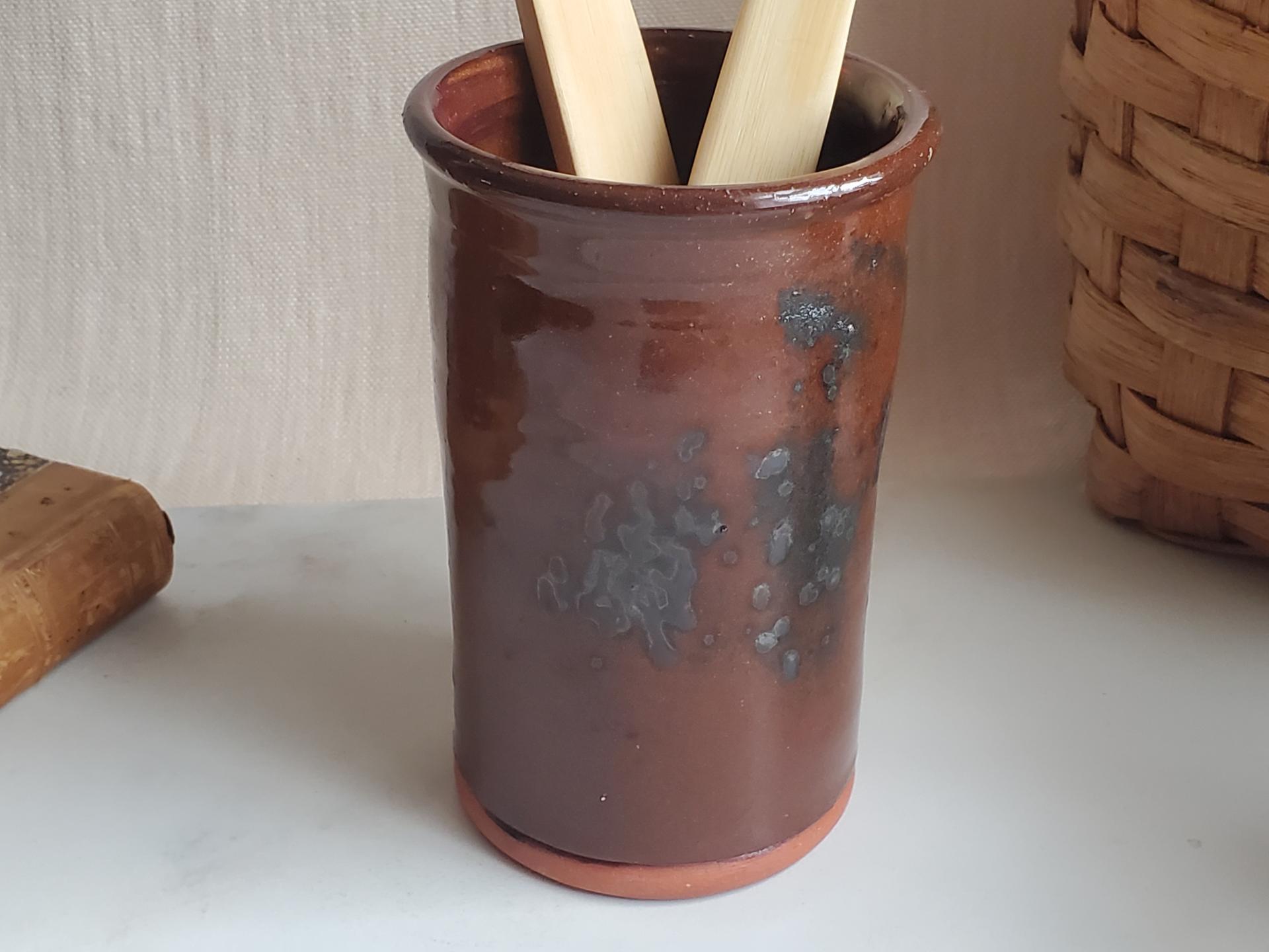 Redware Utensil Jar with Spangles, 6" Tall, Handmade