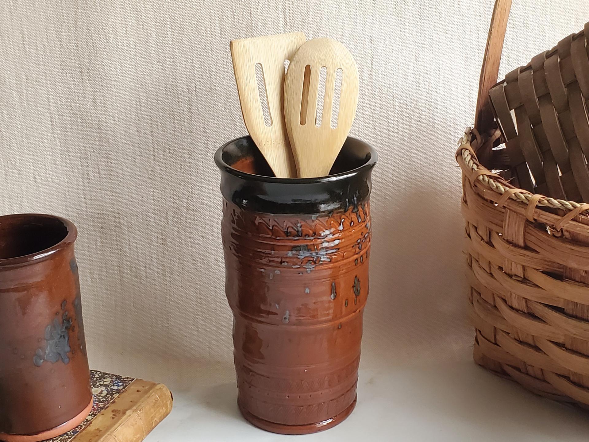 Large Redware Utensil Jar with Spangles