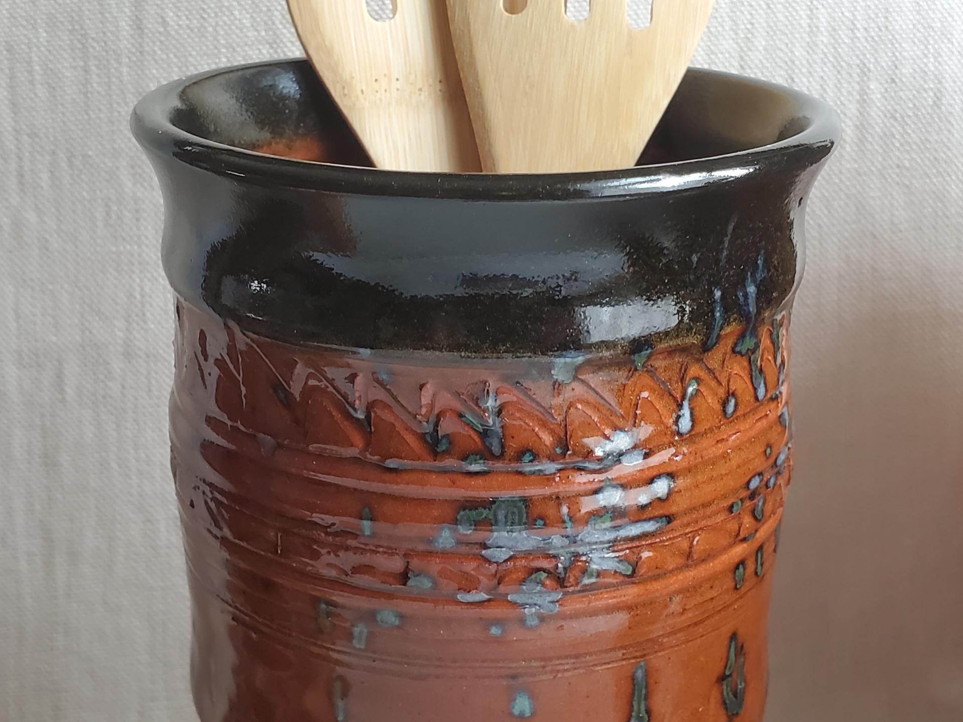 Large Redware Utensil Jar with Spangles