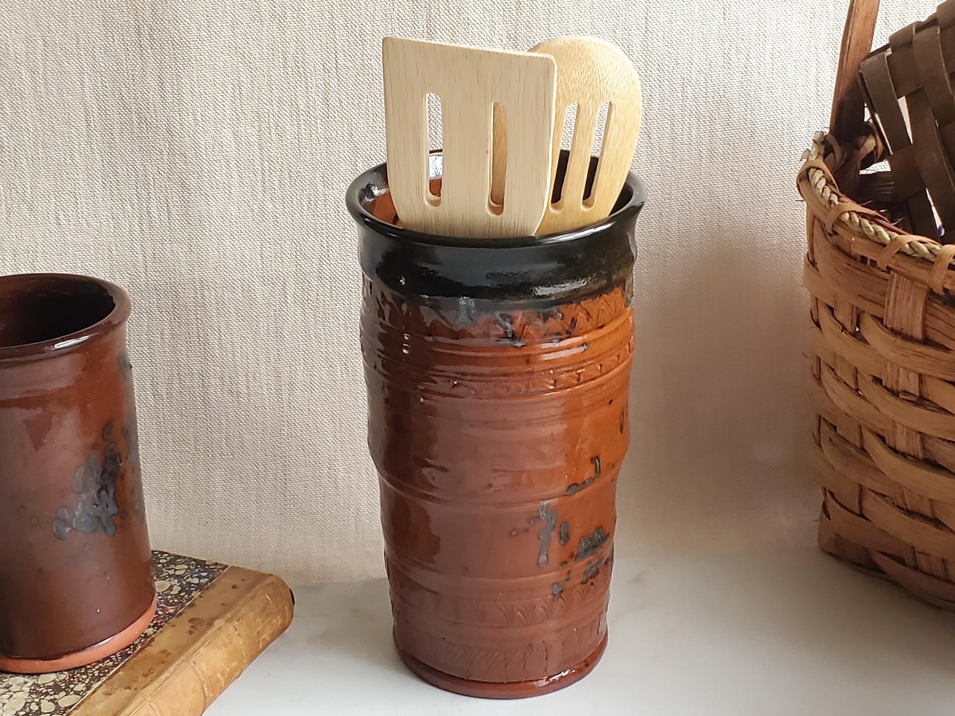 Large Redware Utensil Jar with Spangles