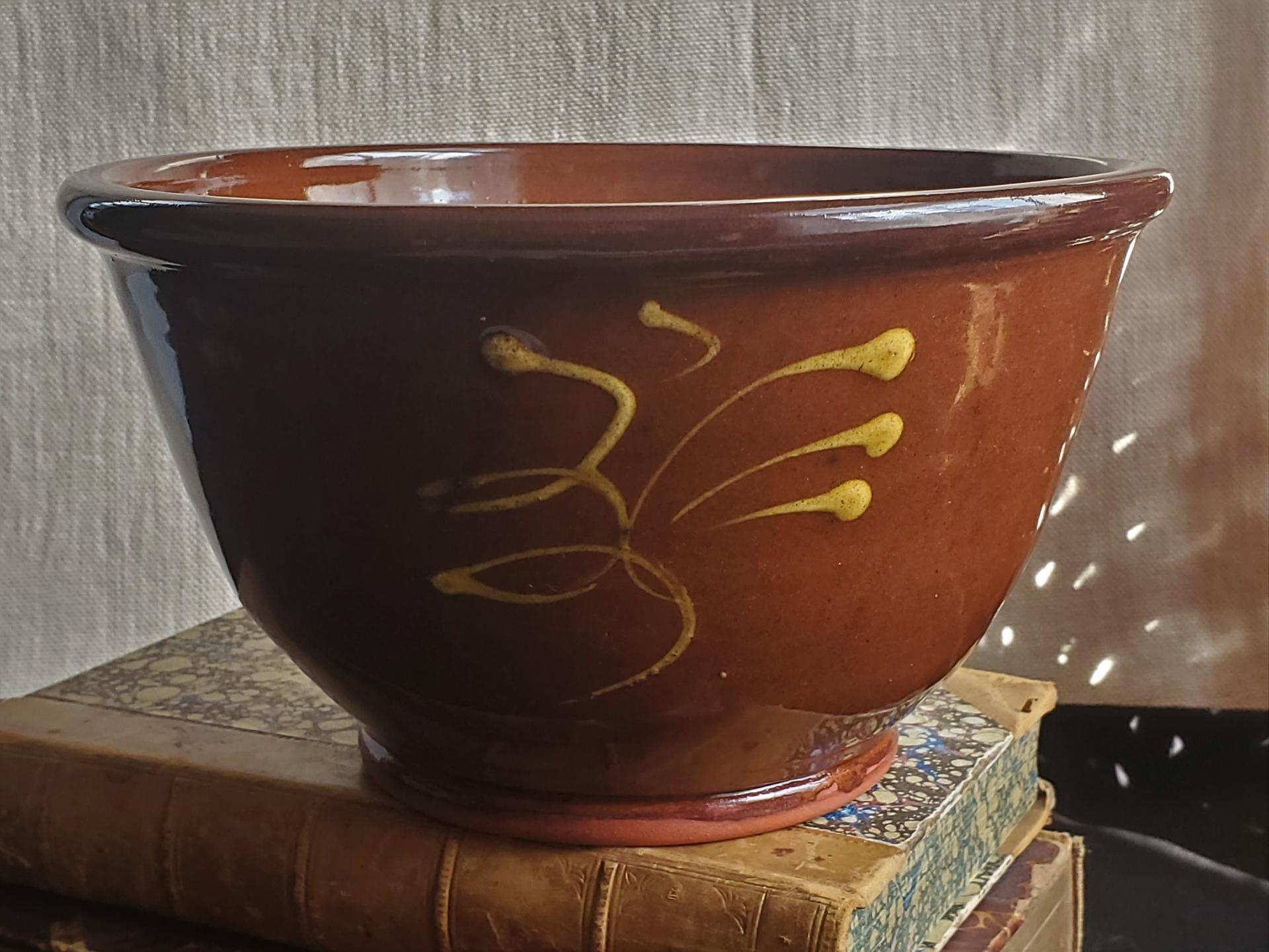 Redware 8 in Large Bowl with a "feather" Motif