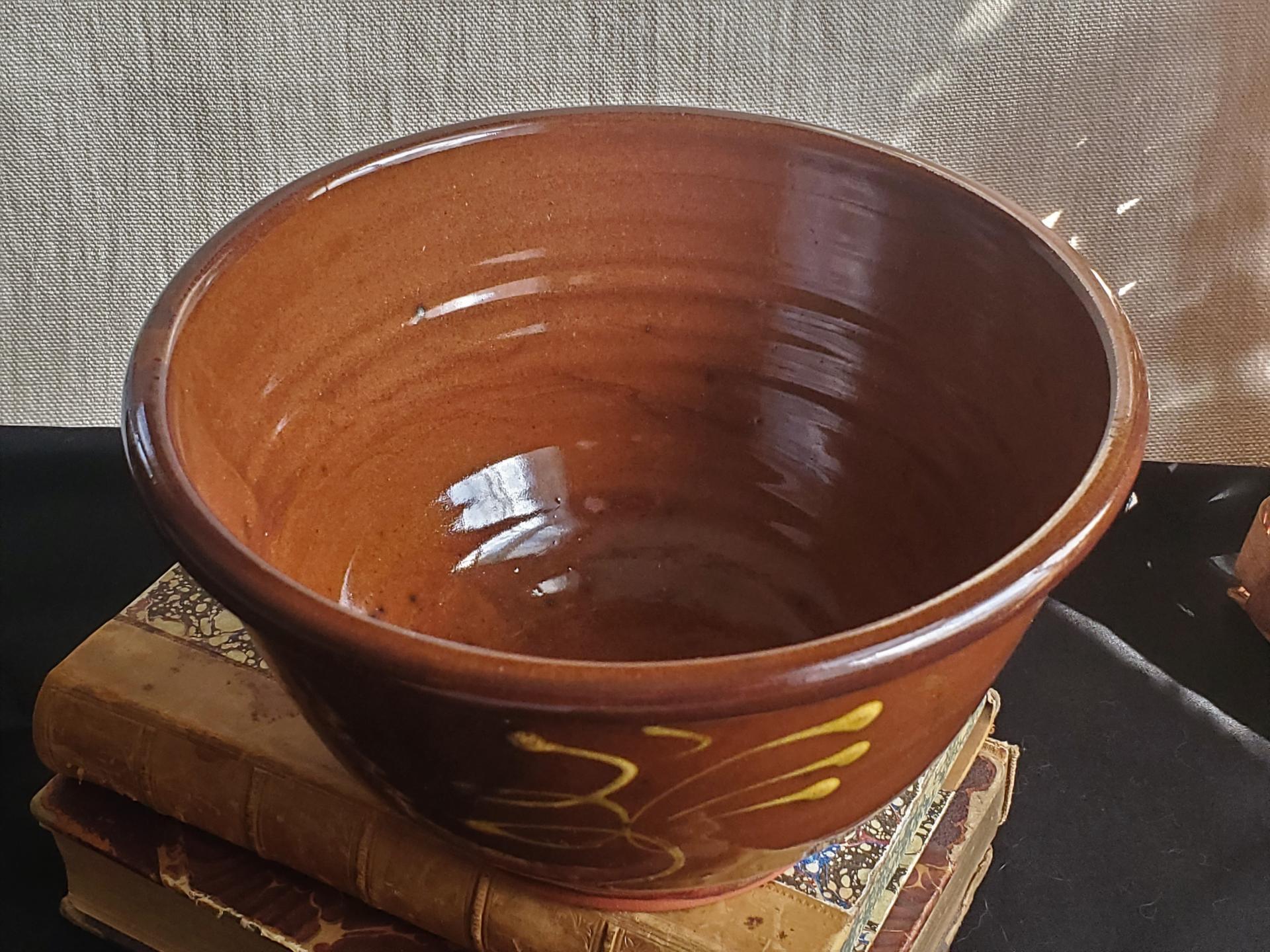Redware 8 in Large Bowl with a "feather" Motif