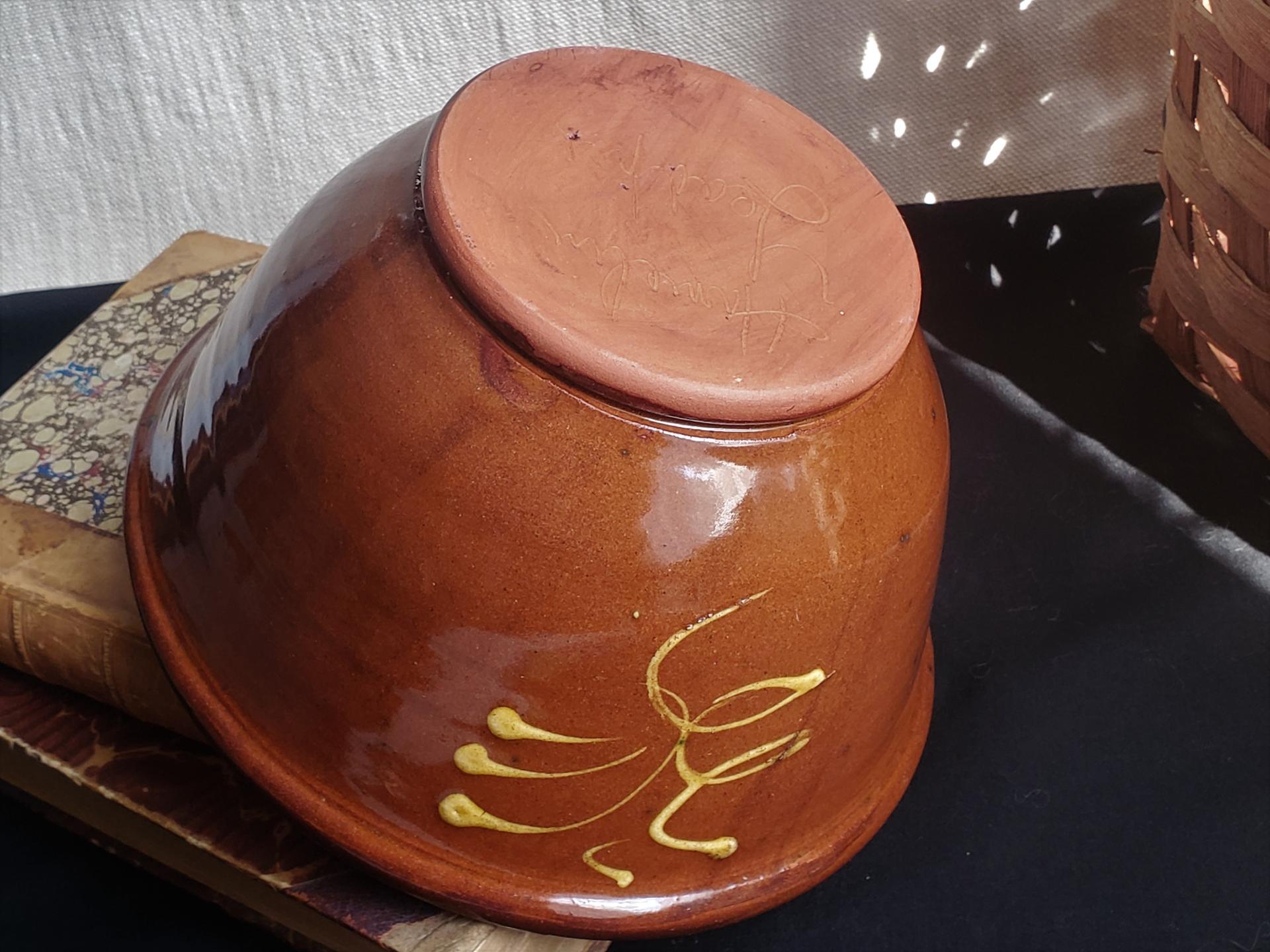 Redware 8 in Large Bowl with a "feather" Motif
