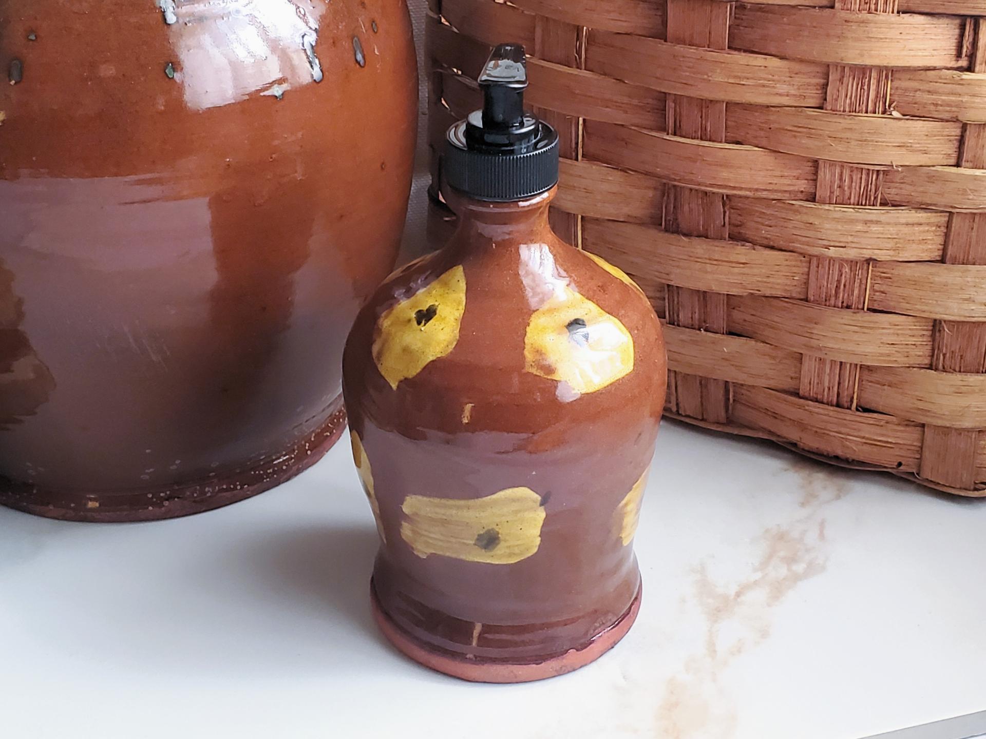 Handcrafted Redware Soap or Lotion Dispenser with Spangles and Daubs Pattern