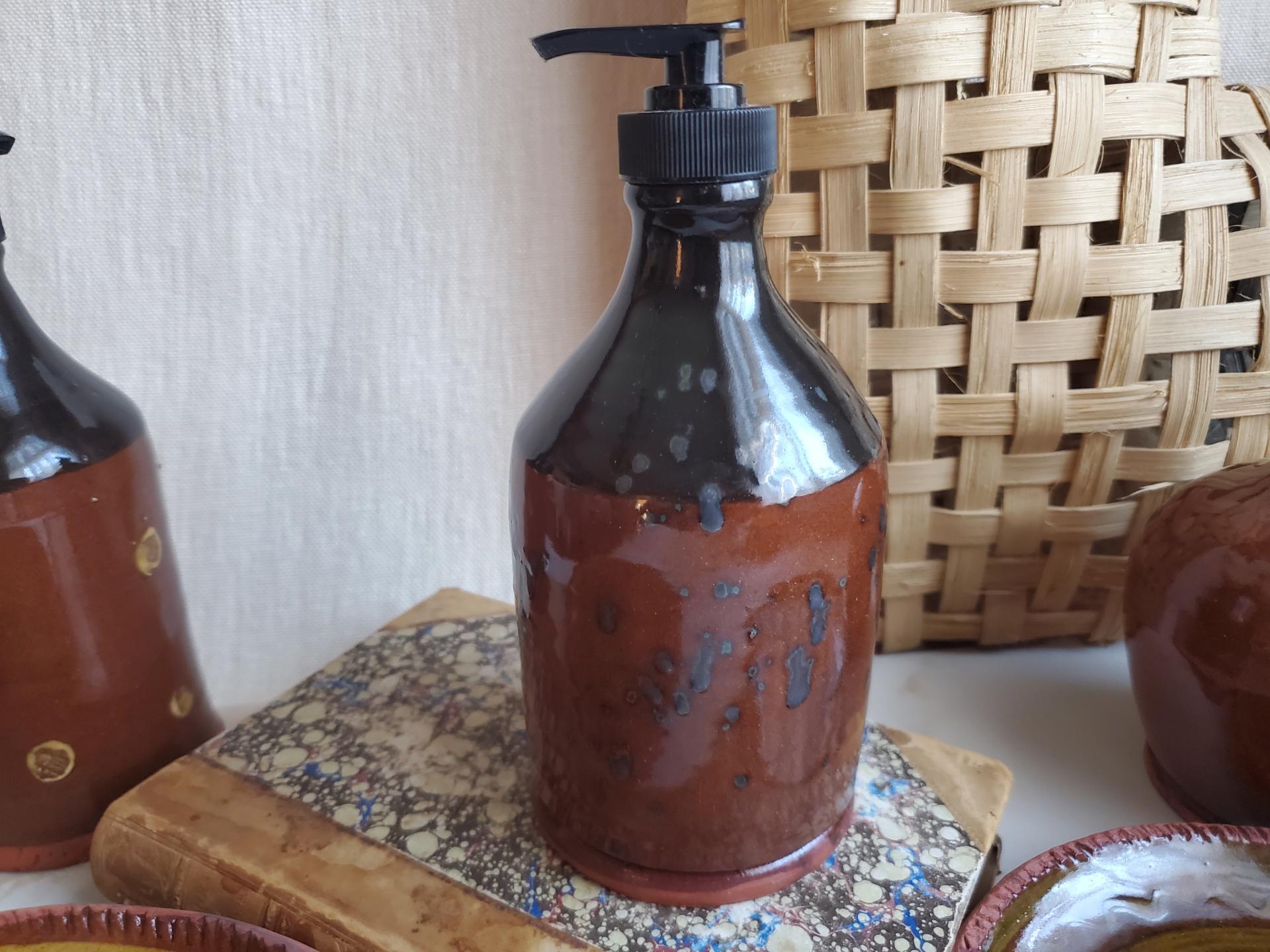 Elegant Redware Soap or Lotion Pump Dispenser, Handmade by Rick of Pied Potter Hamelin, Featuring Spangles and Sturdy Pump