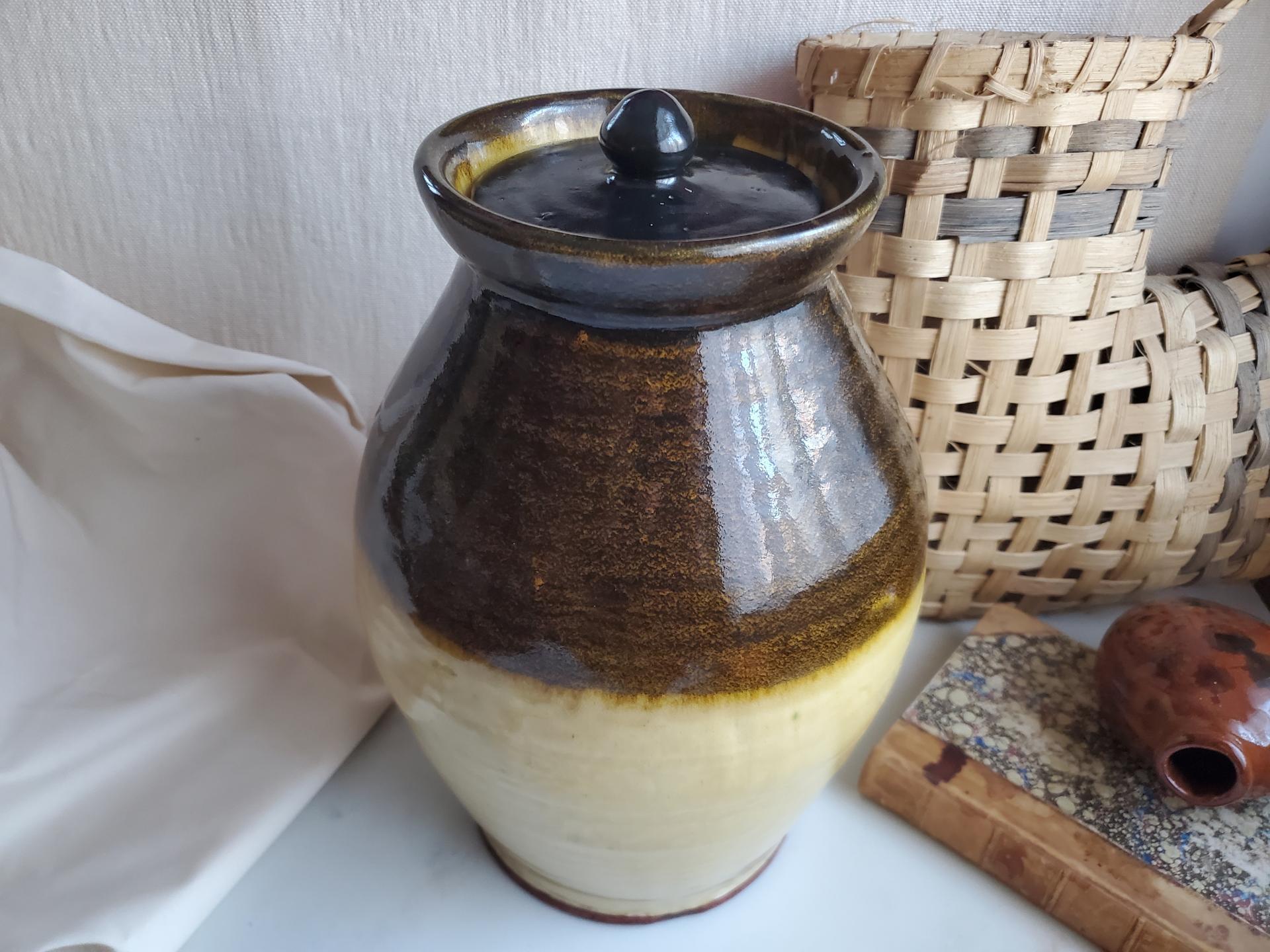 Handcrafted Redware Jar with Acorn Lid, Two Tone Glaze, Decorative and Functional Pottery, 12 Inches Tall