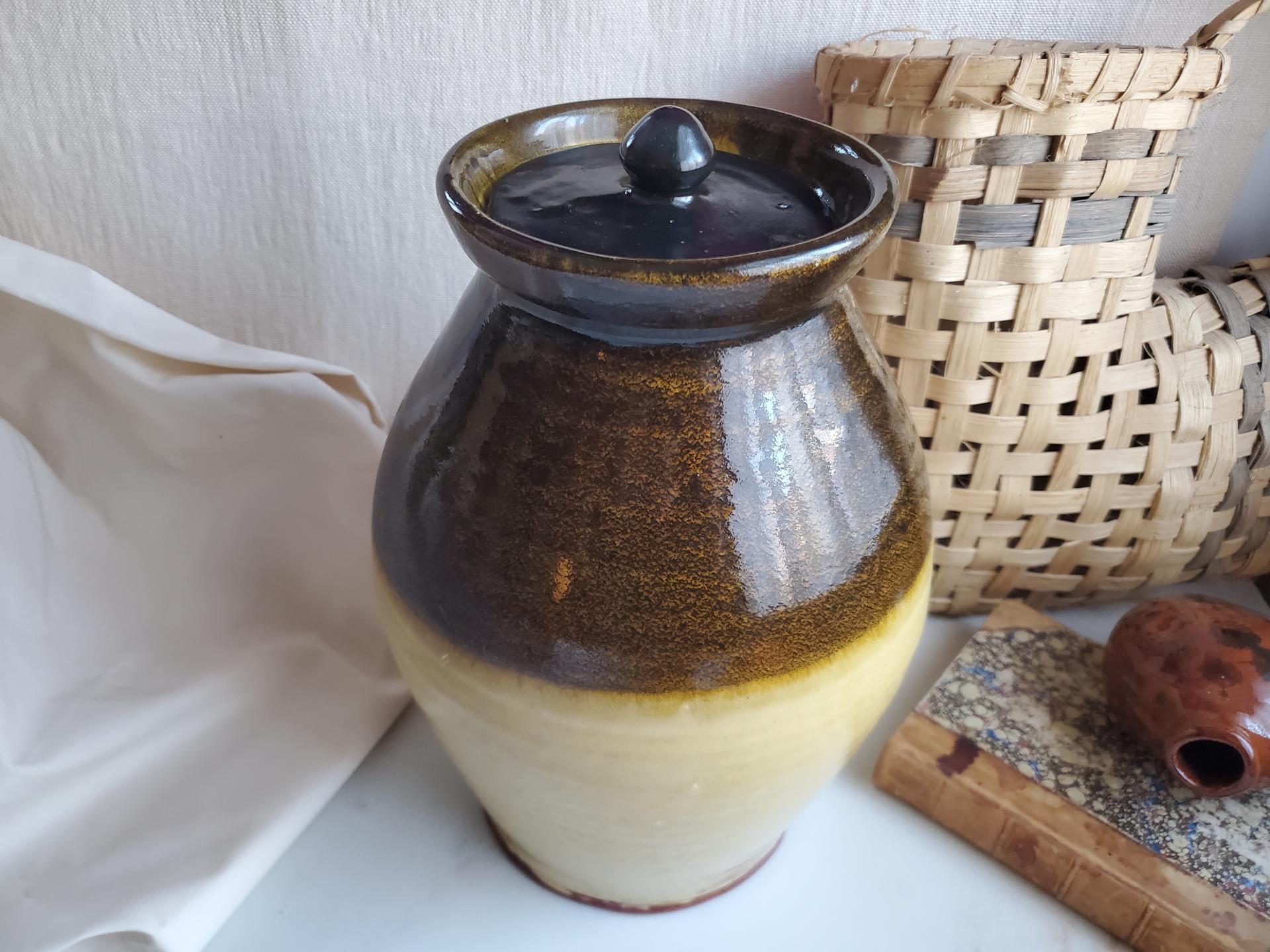 Handcrafted Redware Jar with Acorn Lid, Two Tone Glaze, Decorative and Functional Pottery, 12 Inches Tall