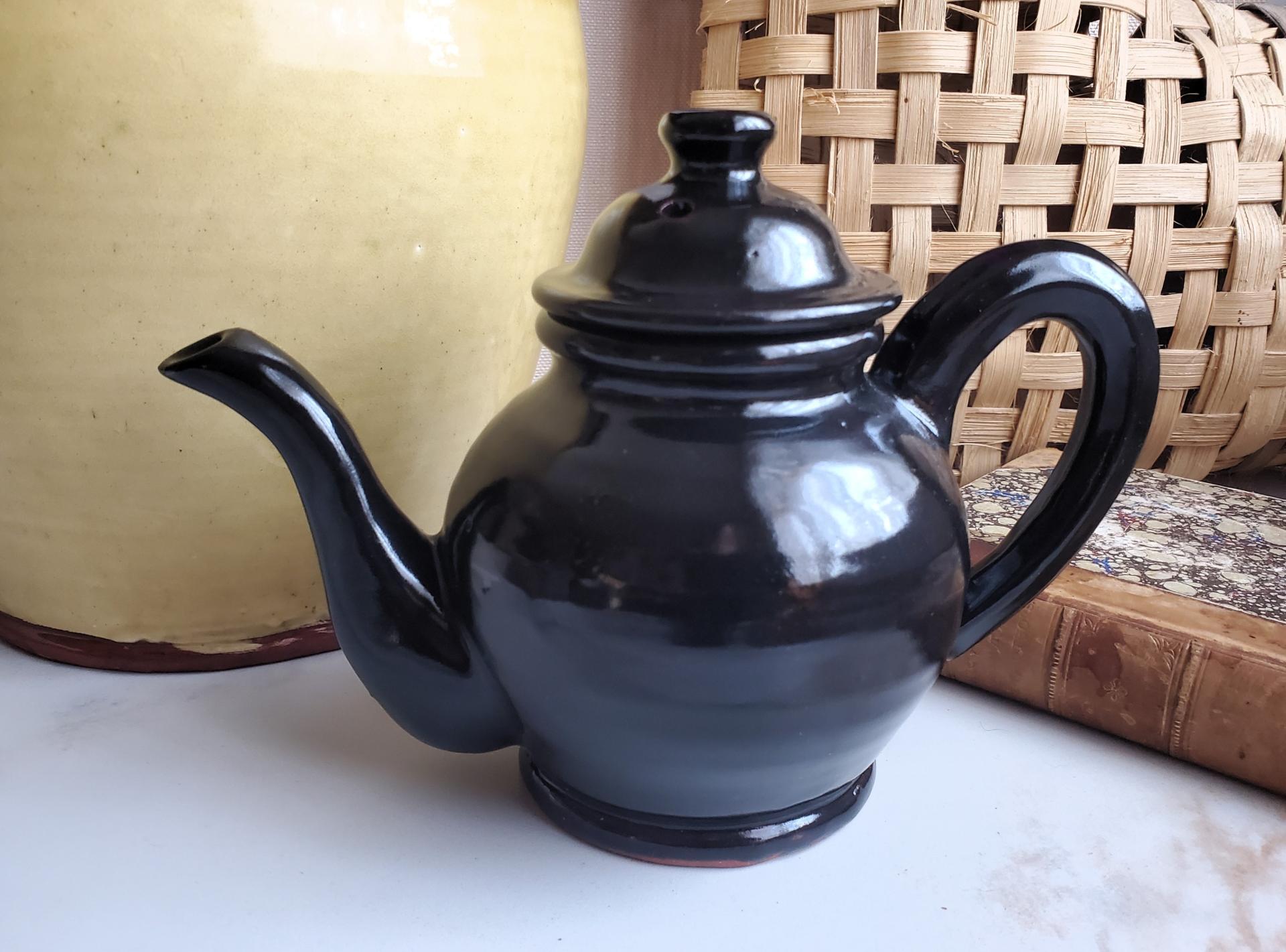 Redware Teapot with Ribbed Handle, Handmade Lead-Free Black Glaze, 16 oz Capacity