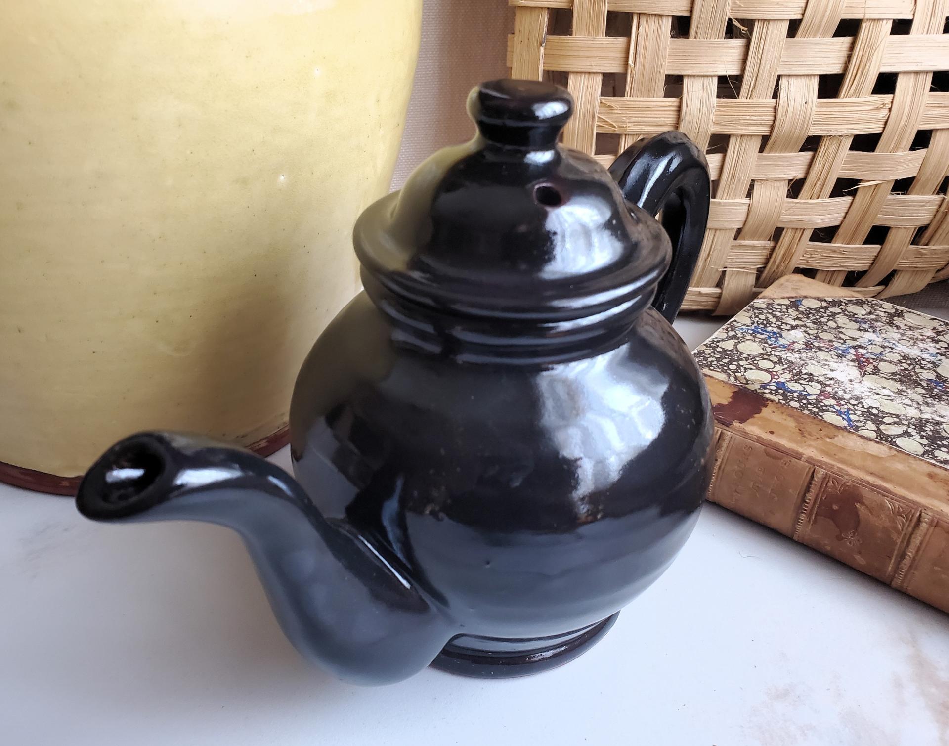 Redware Teapot with Ribbed Handle, Handmade Lead-Free Black Glaze, 16 oz Capacity