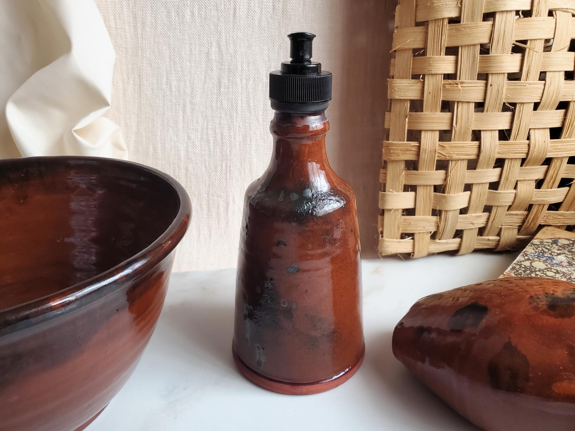 Redware Soap or Lotion Pump Dispenser, Handmade, Featuring Spangles