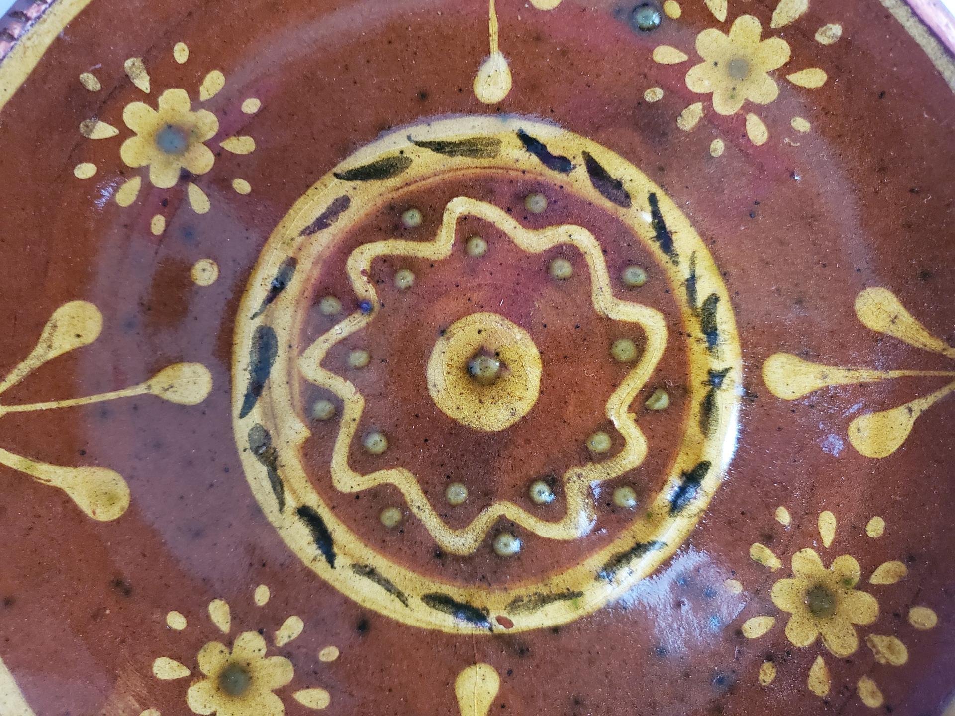 Redware 9 in. Plate with Floral Slip Decoration