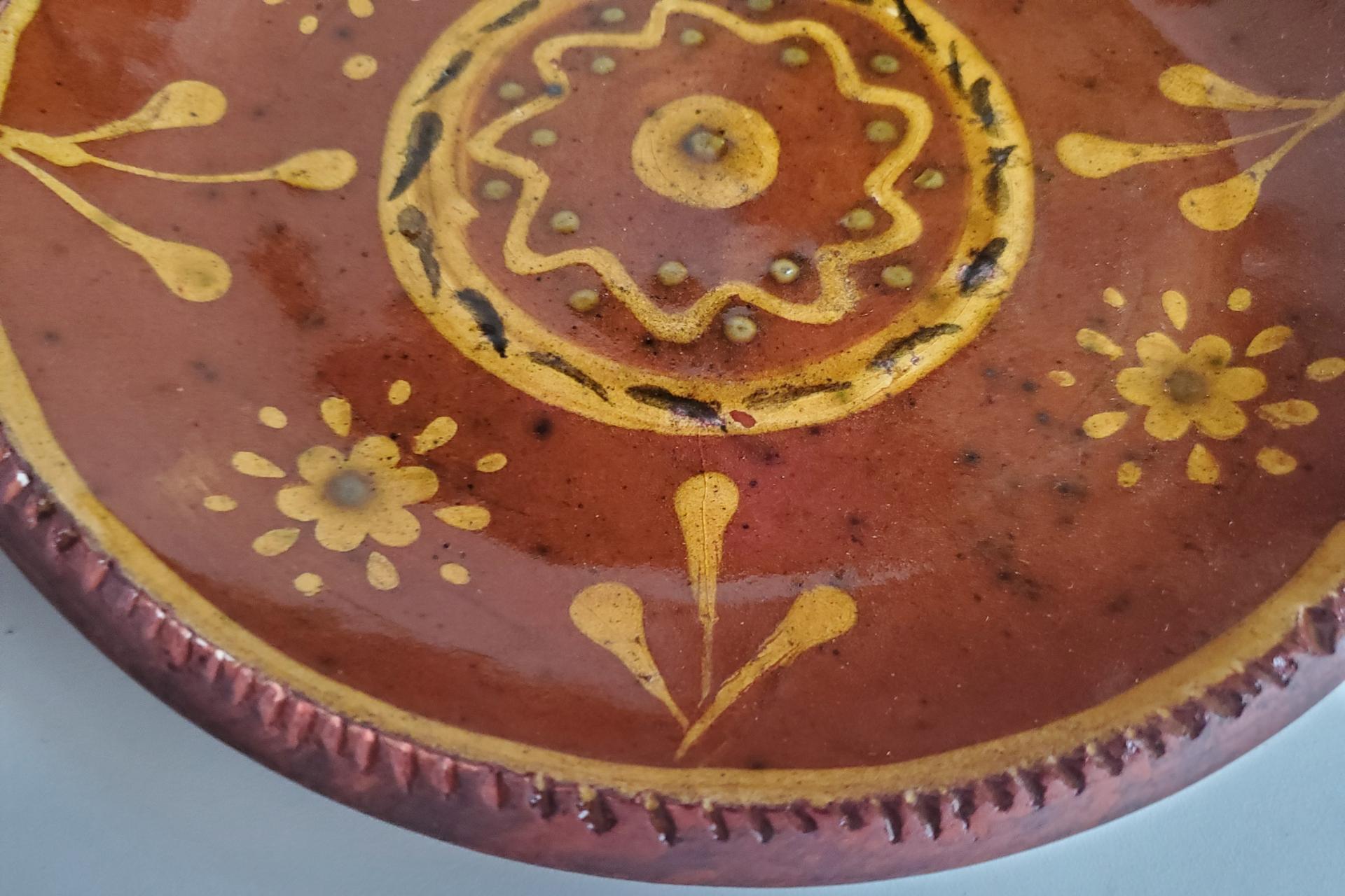 Redware 9 in. Plate with Floral Slip Decoration
