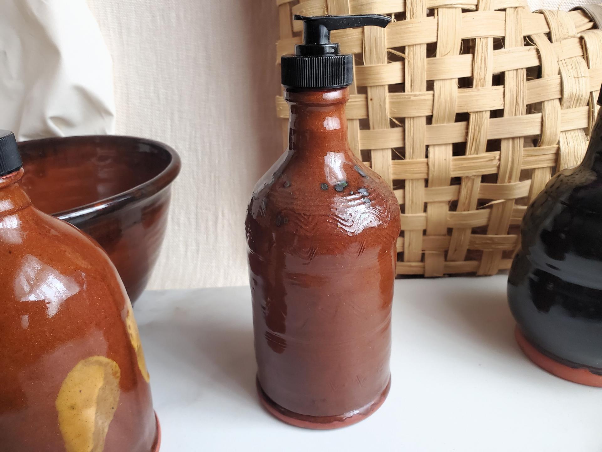 Redware Soap or Lotion Pump Dispenser, Handmade by Rick of Pied Potter Hamelin, Featuring Spangles