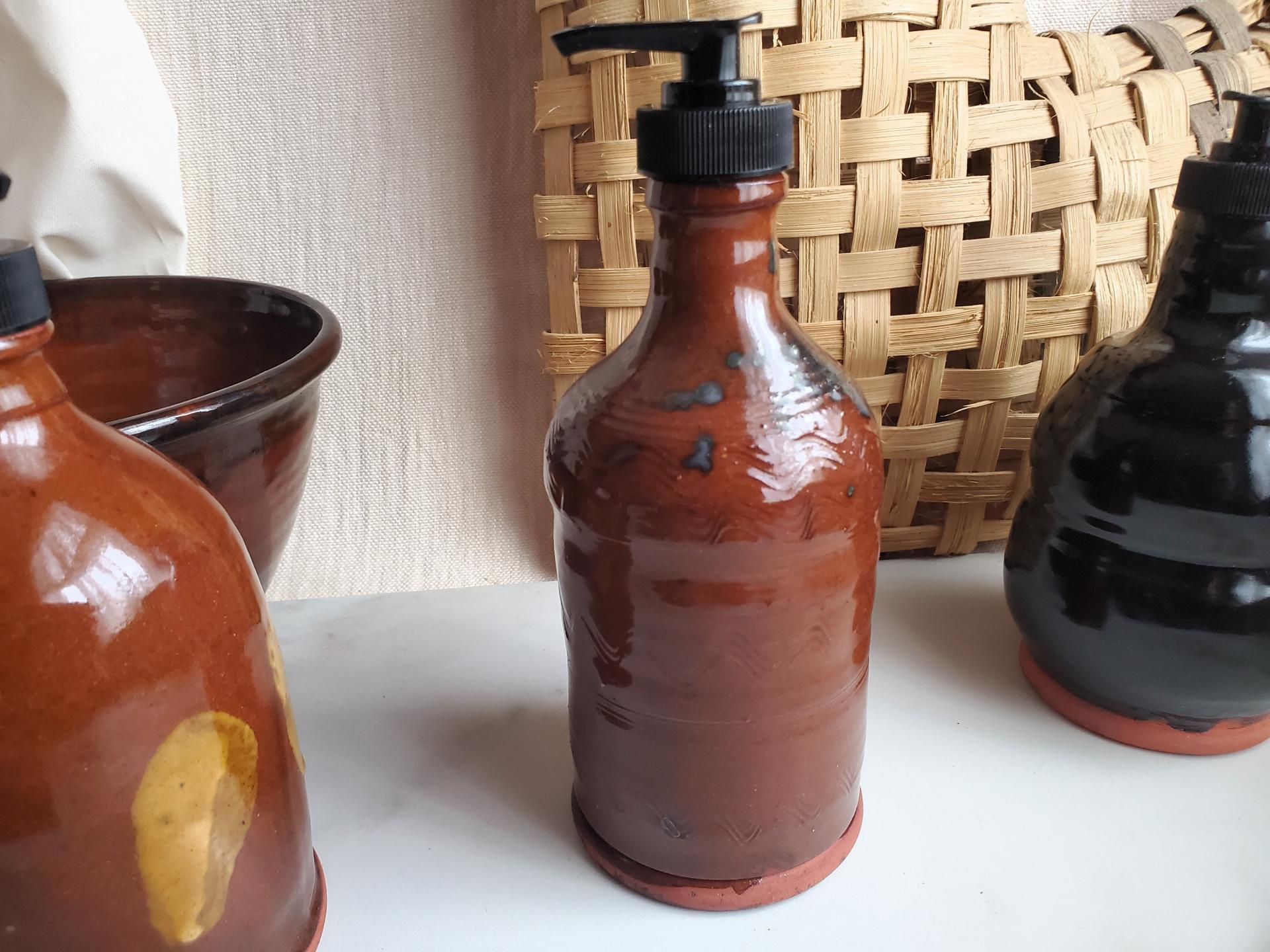 Redware Soap or Lotion Pump Dispenser, Handmade by Rick of Pied Potter Hamelin, Featuring Spangles