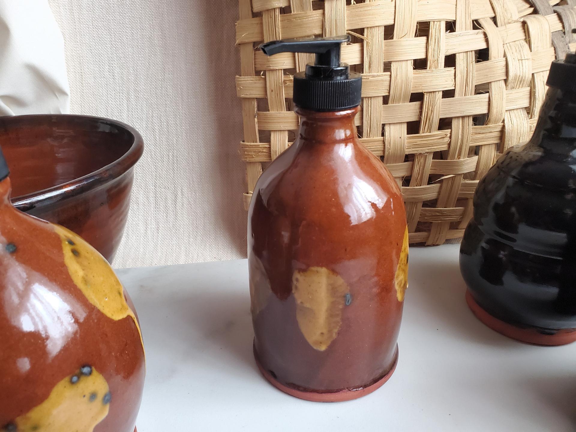 Elegant Redware Soap or Lotion Pump Dispenser Bottle, Handmade, Featuring Spangles and Splotches (b)