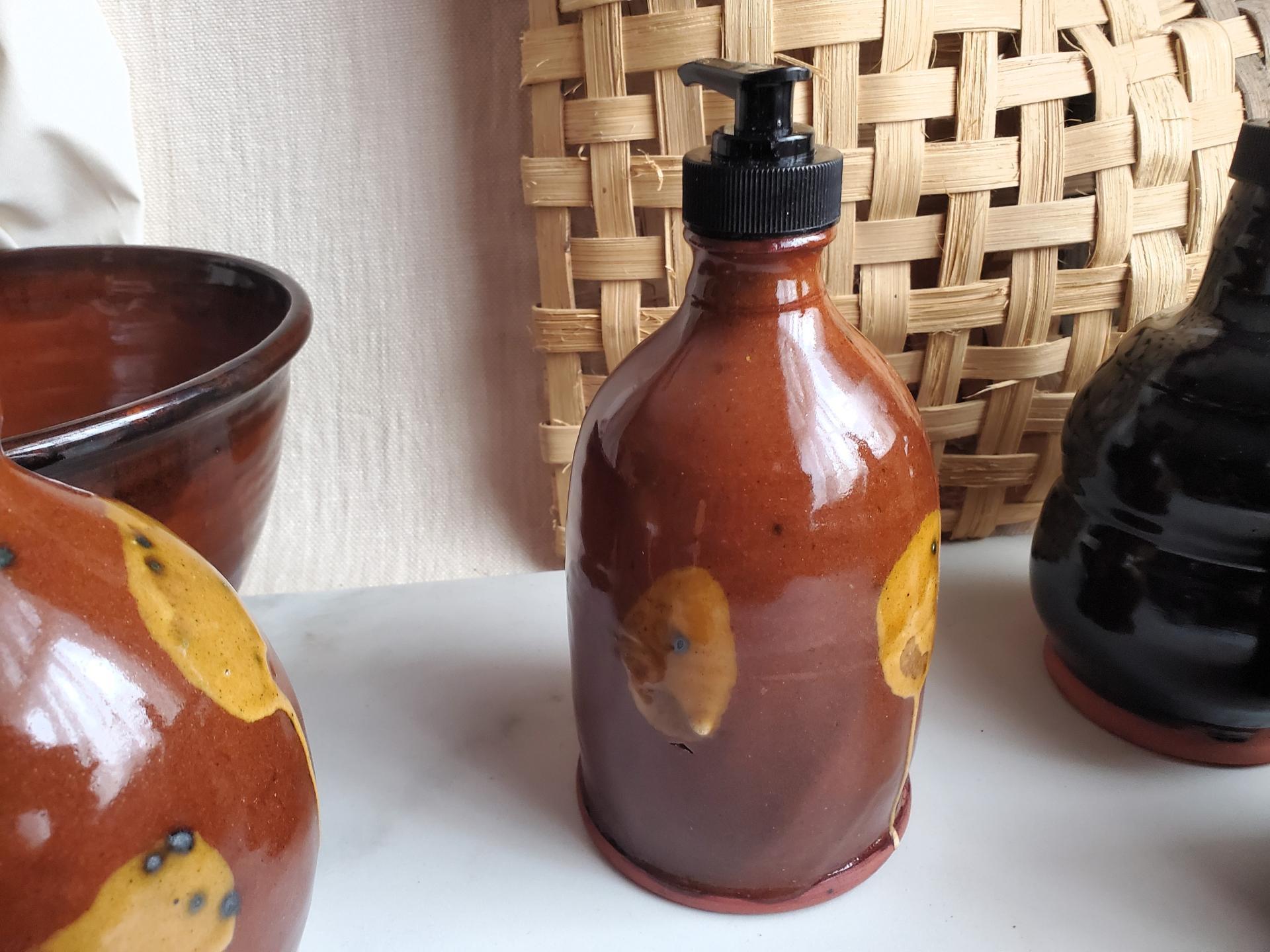 Elegant Redware Soap or Lotion Pump Dispenser Bottle, Handmade, Featuring Spangles and Splotches (b)