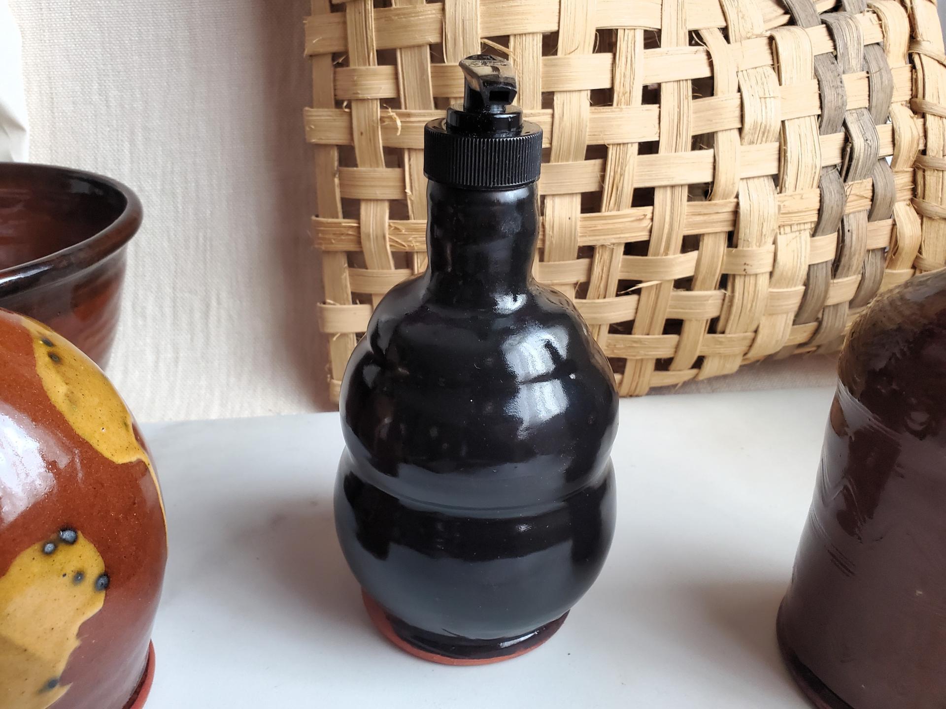 Handcrafted Redware Soap or Lotion Dispenser Bottle, Lead Free Black Glaze