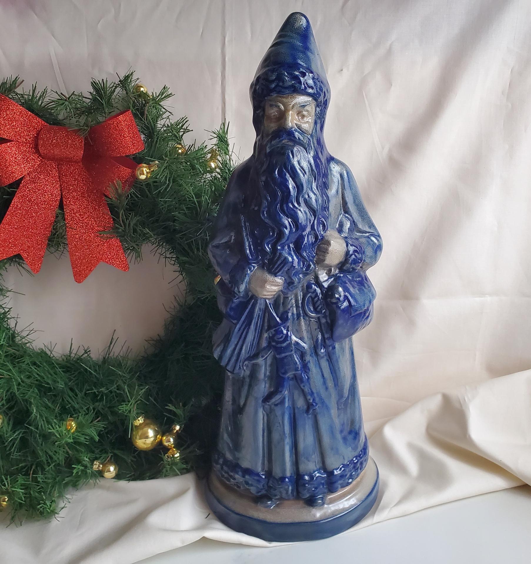 Vintage Beaumont Brothers Pottery Stoneware Belsnickel, Salt-Glaze Finish, Cobalt Blue Details, 16 in. Tall