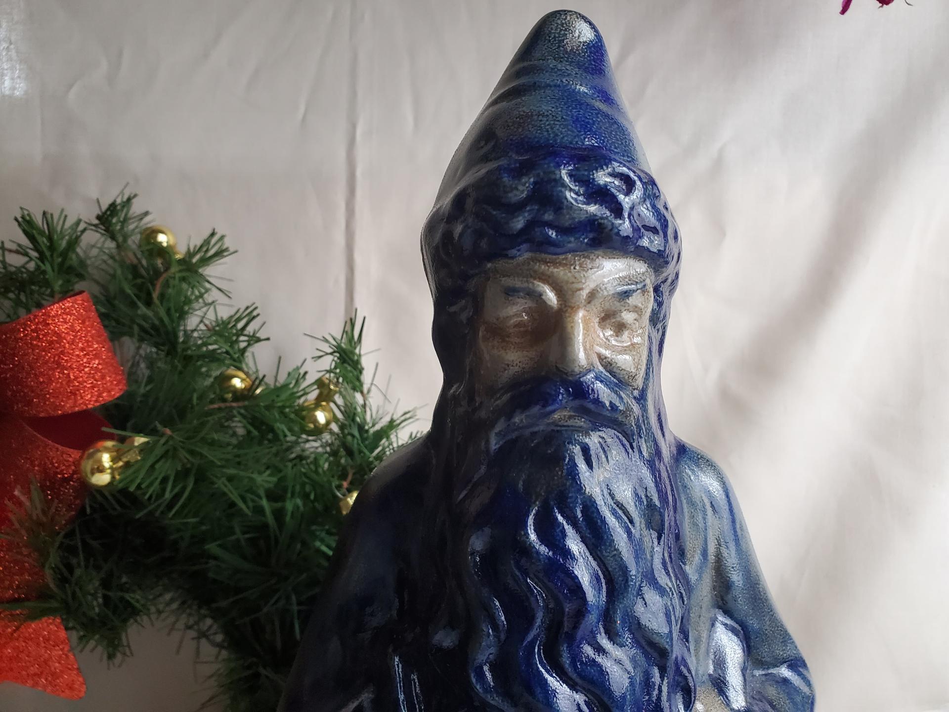 Vintage Beaumont Brothers Pottery Stoneware Belsnickel, Salt-Glaze Finish, Cobalt Blue Details, 16 in. Tall