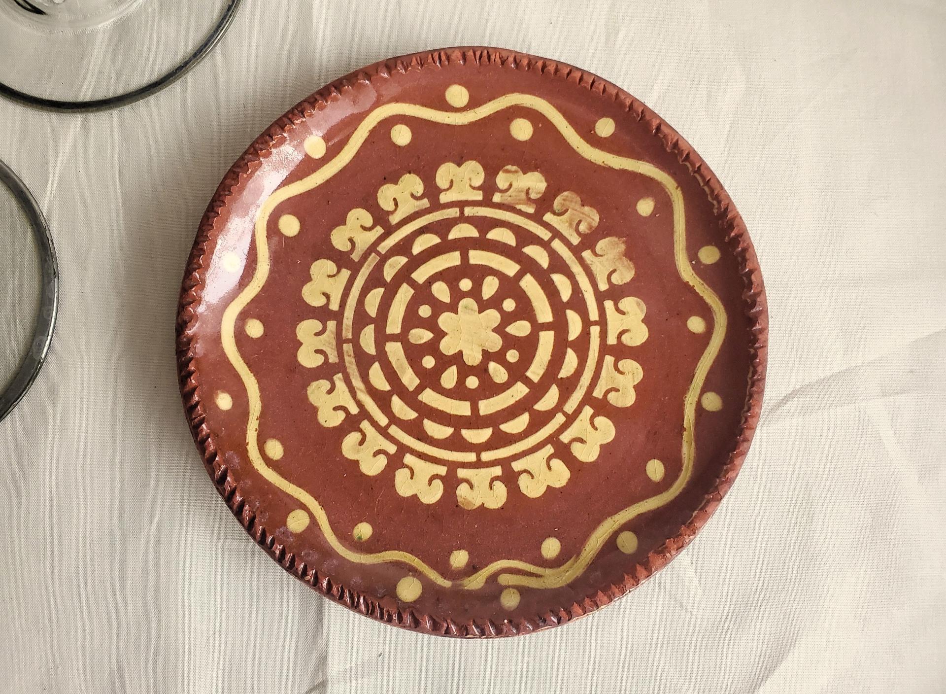 Handcrafted Drape-Molded 7 in Redware Plate with Golden Slip Pattern