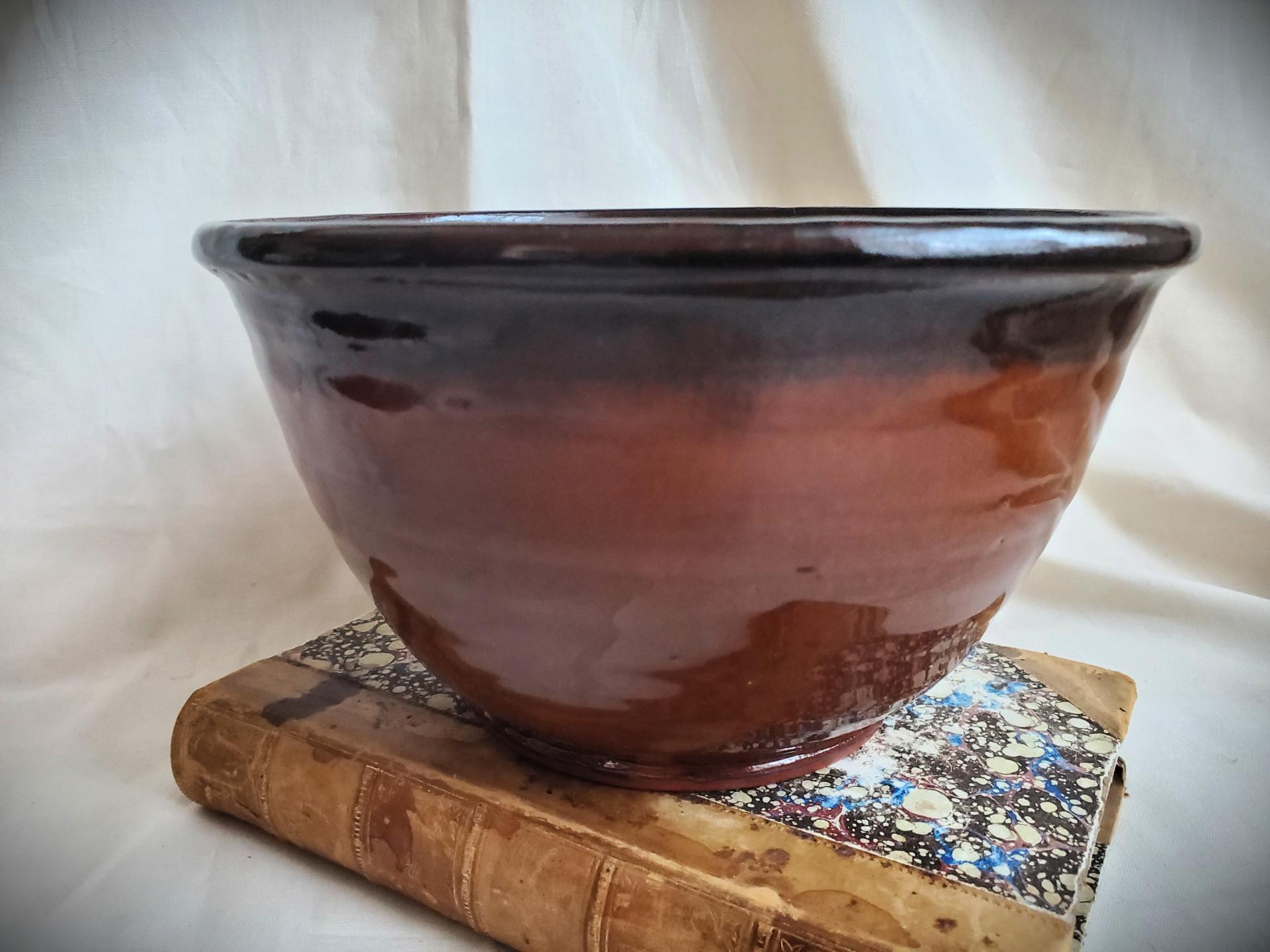 Large Handcrafted Serving Bowl, Wheel Thrown,  Black Accents and Lead Free Glaze