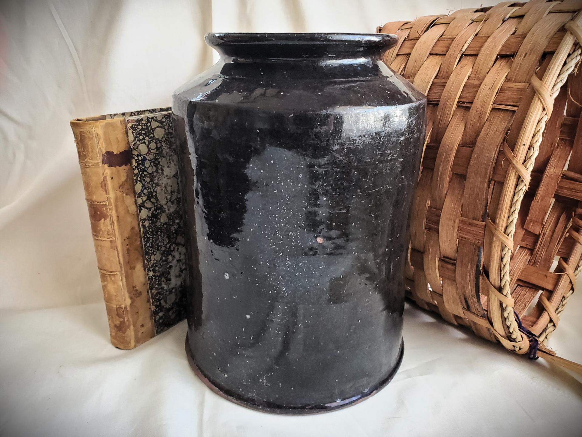 Antique 1800s Large Redware Canning, 19th Century Storage Jar with Black Glaze