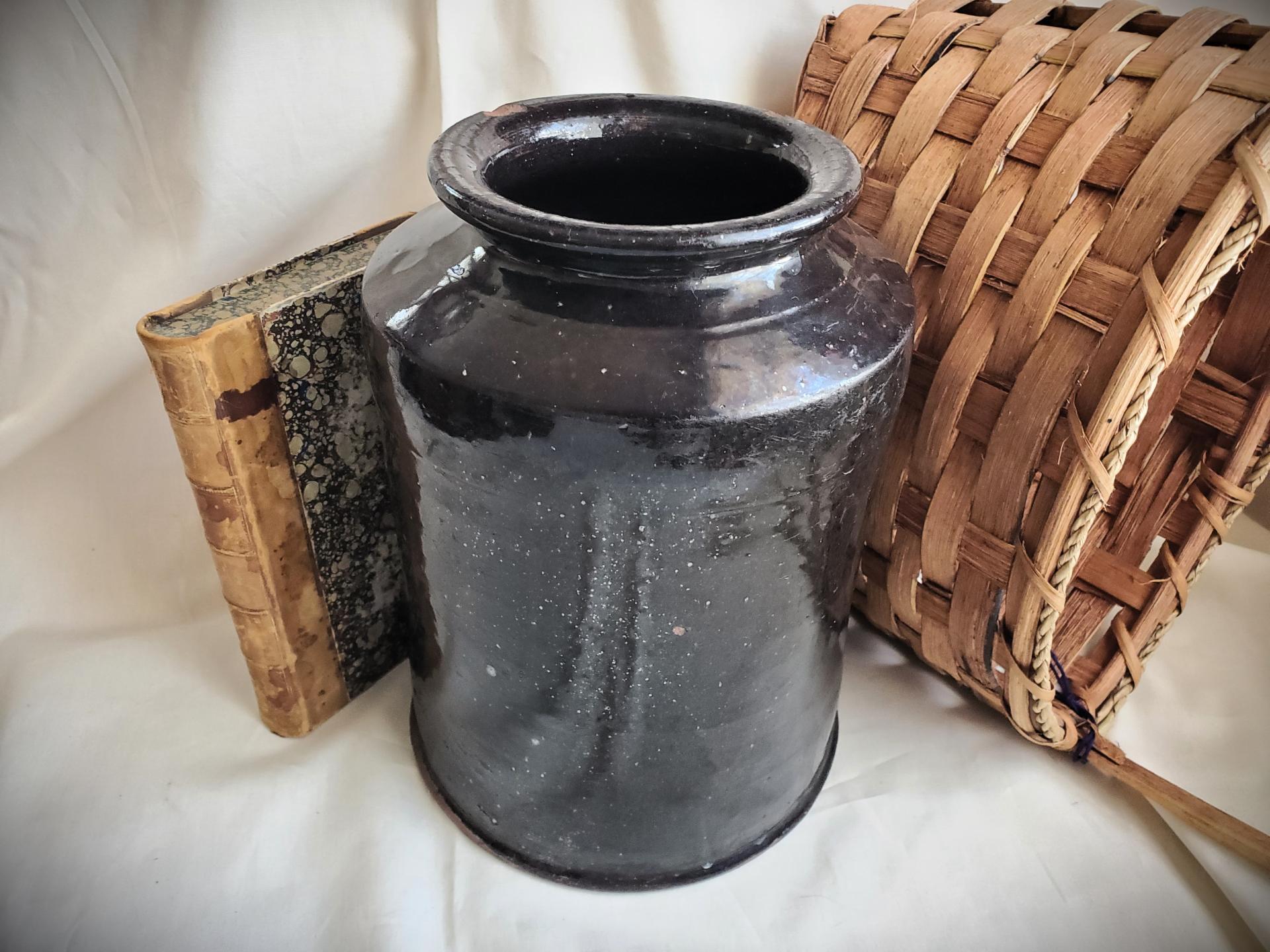 Antique 1800s Large Redware Canning, 19th Century Storage Jar with Black Glaze