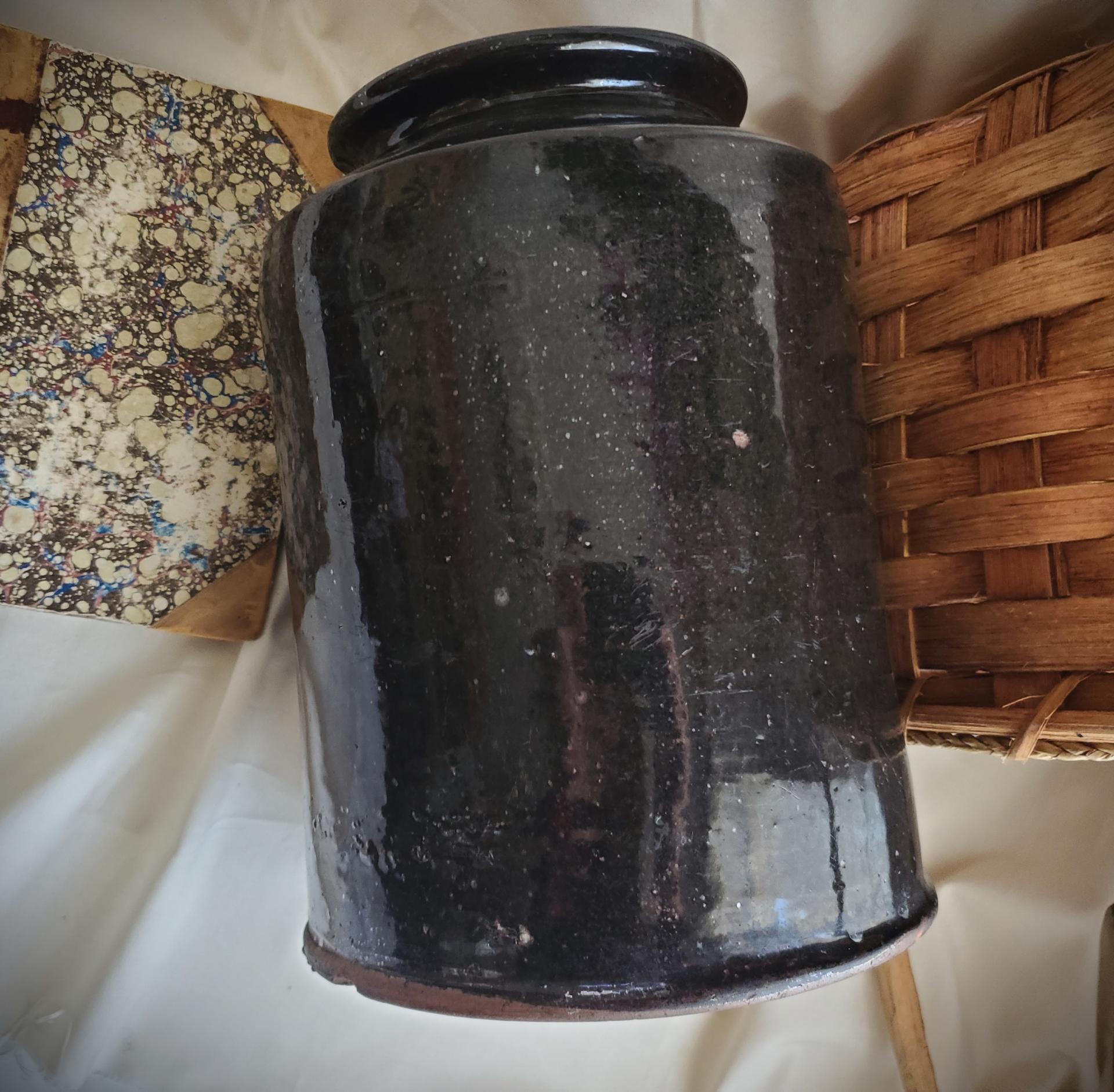 Antique 1800s Large Redware Canning, 19th Century Storage Jar with Black Glaze