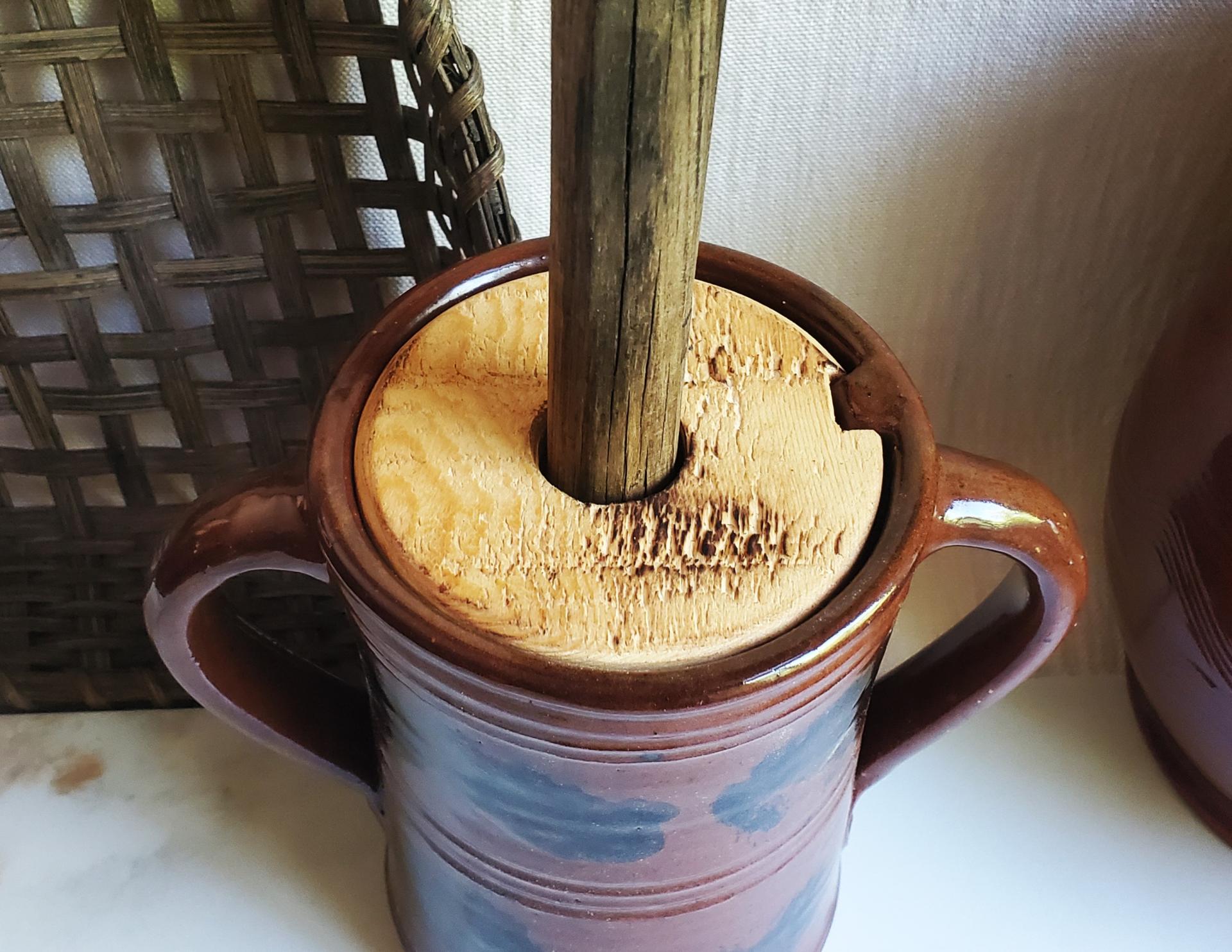 Handmade Redware Butter Churn with Black Dapples