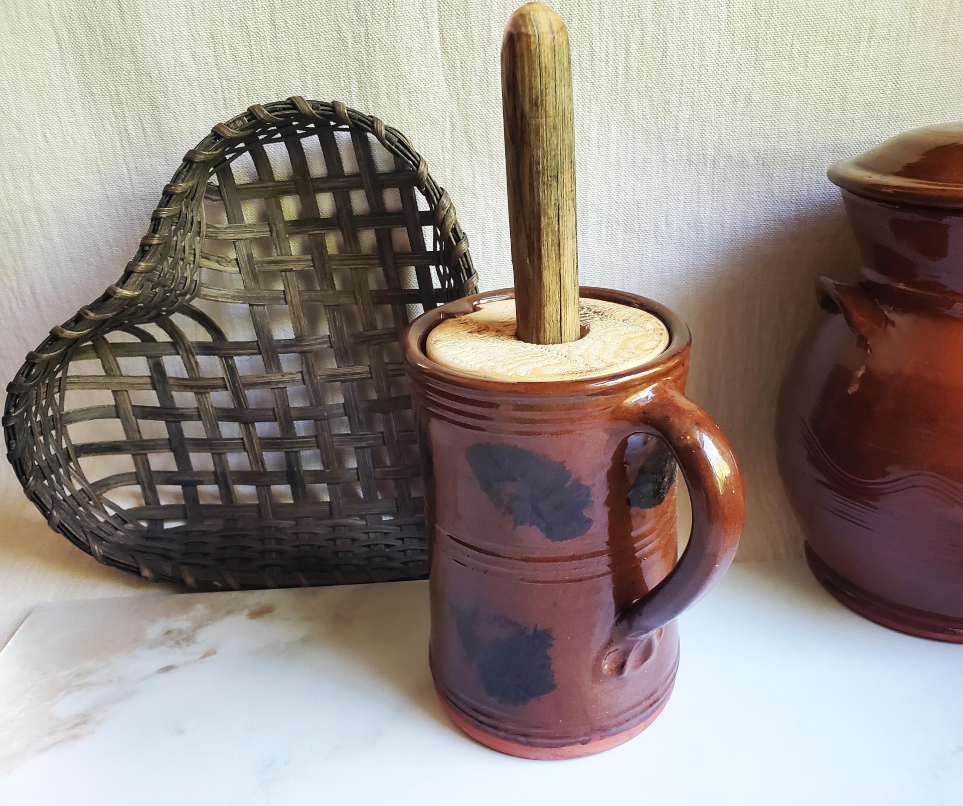 Handmade Redware Butter Churn with Black Dapples