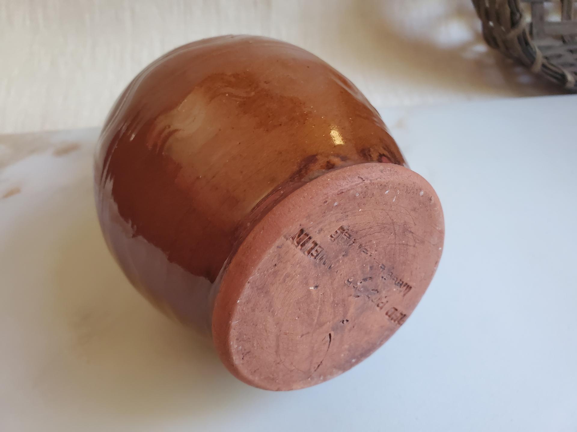 Redware Soap Dispenser, Wheel-Thrown, Antiqued, Incised Pattern