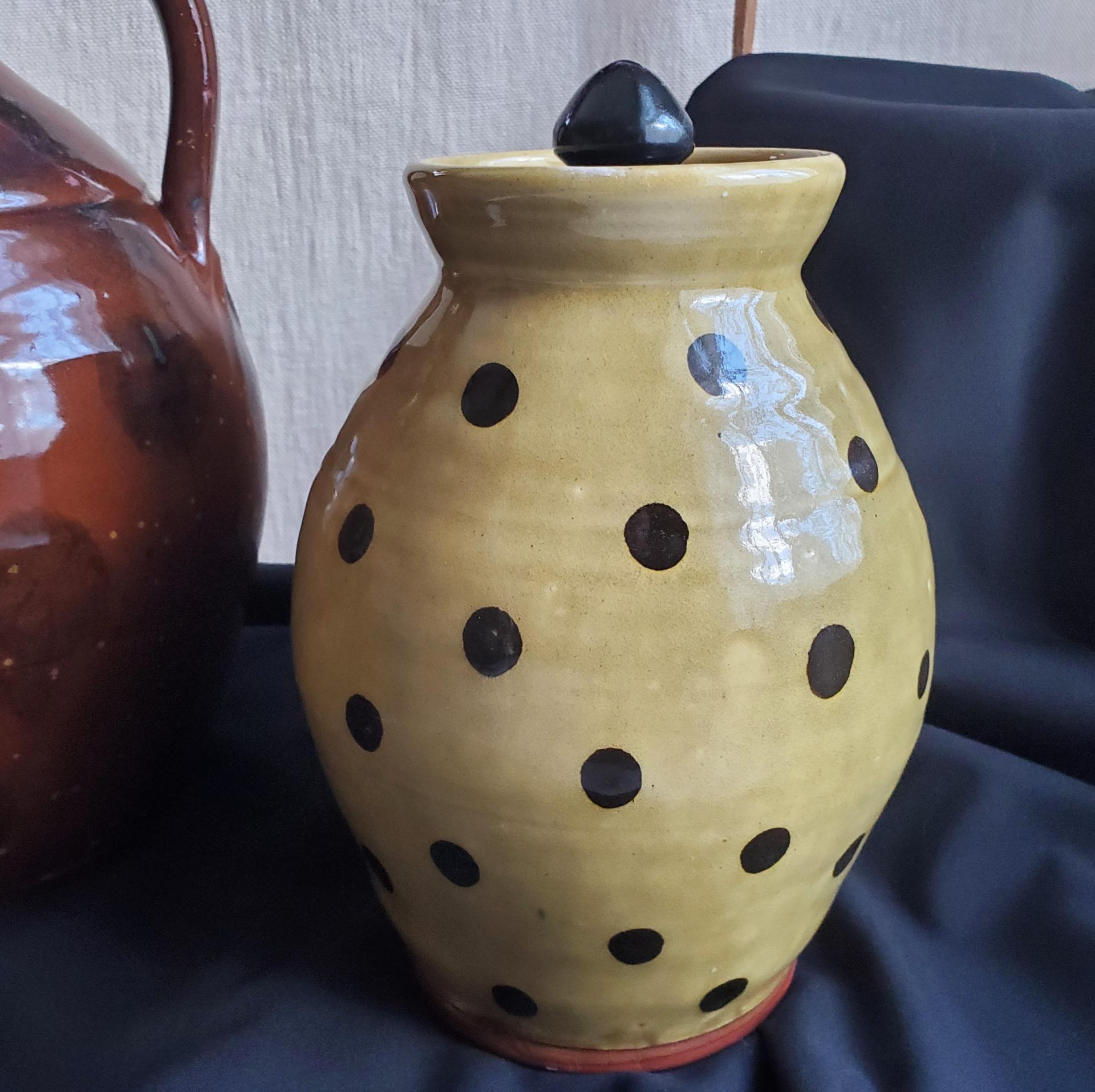 Ovoid Redware 8 inch Jar with Black Dots, Wheel Thrown Pottery