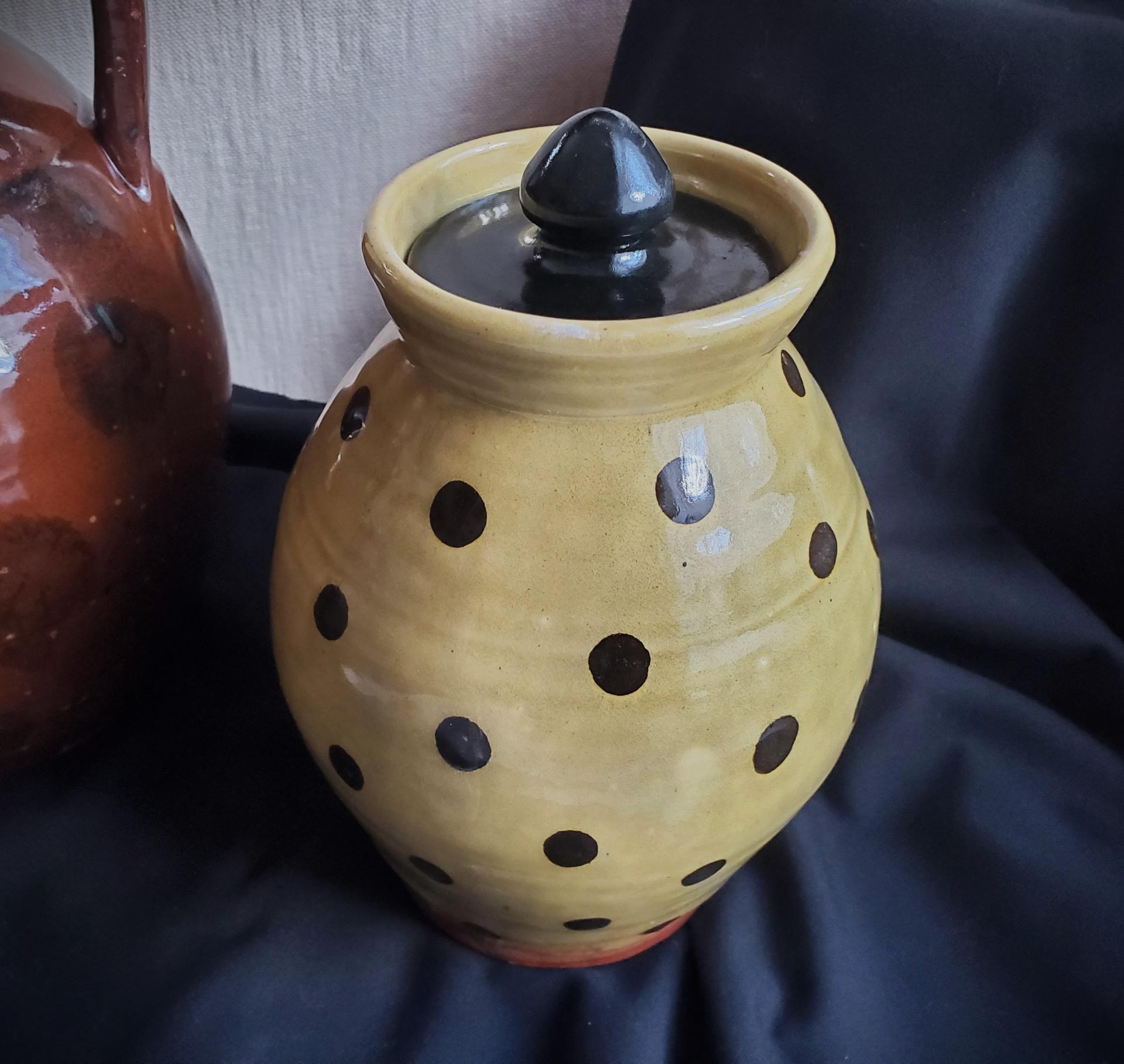Ovoid Redware 8 inch Jar with Black Dots, Wheel Thrown Pottery