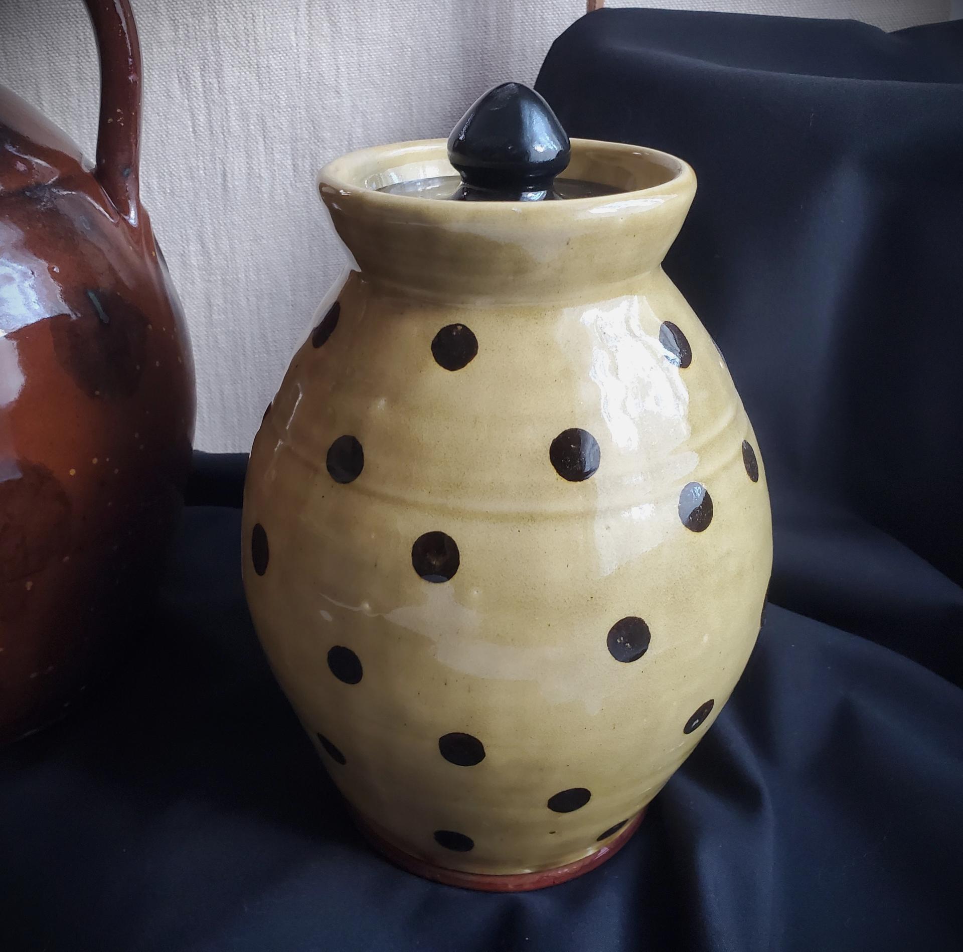 Ovoid Redware 8 inch Jar with Black Dots, Wheel Thrown Pottery