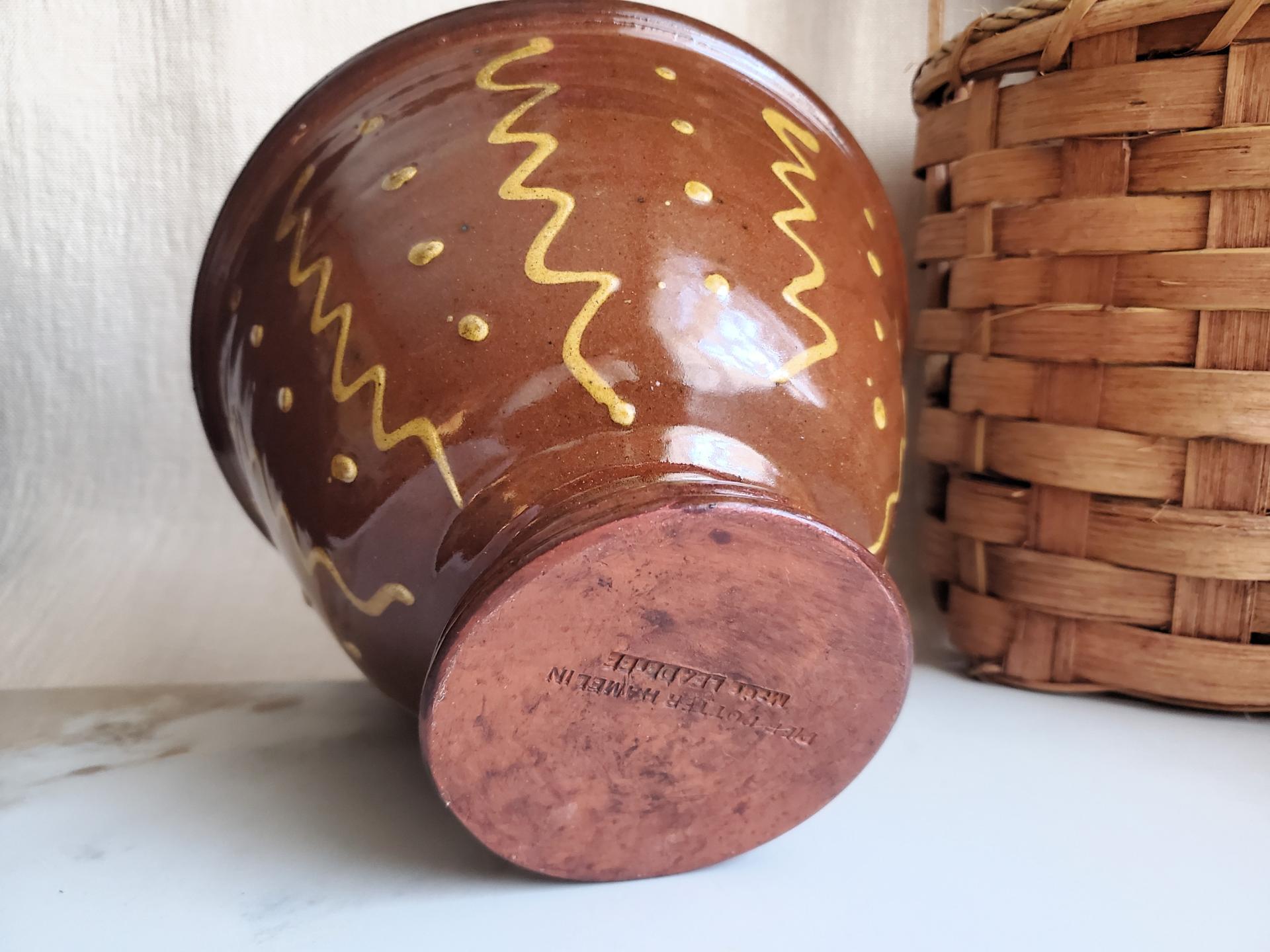 Handmade Redware Fruit Bowl with Unique Squiggles & Dots, Pied Potter Hamelin