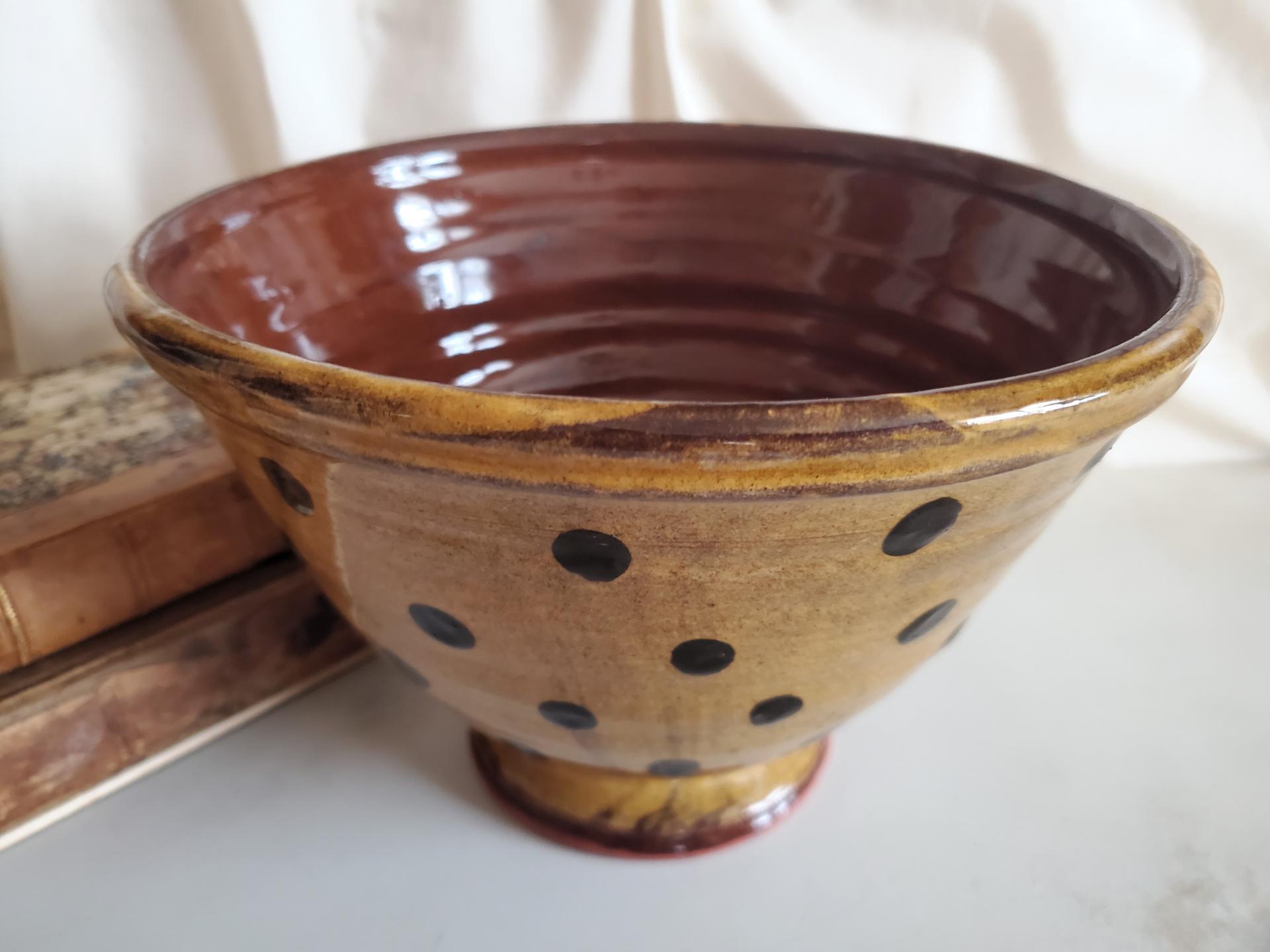 Handmade Redware Fruit Bowl with Black Dots (a)