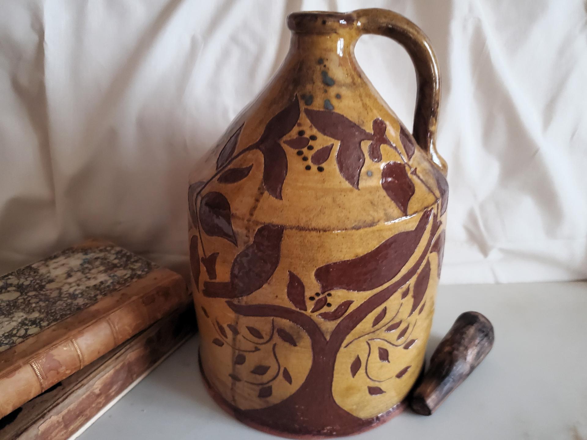 Redware Jug with Sgraffito Decoration, Wheel Thrown Pottery