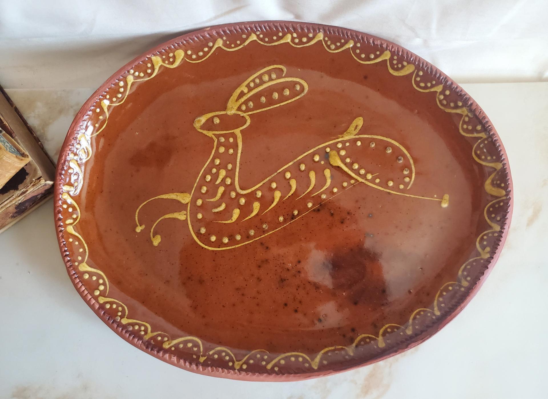 Oval Redware Platter with Whimsical Rabbit Motif
