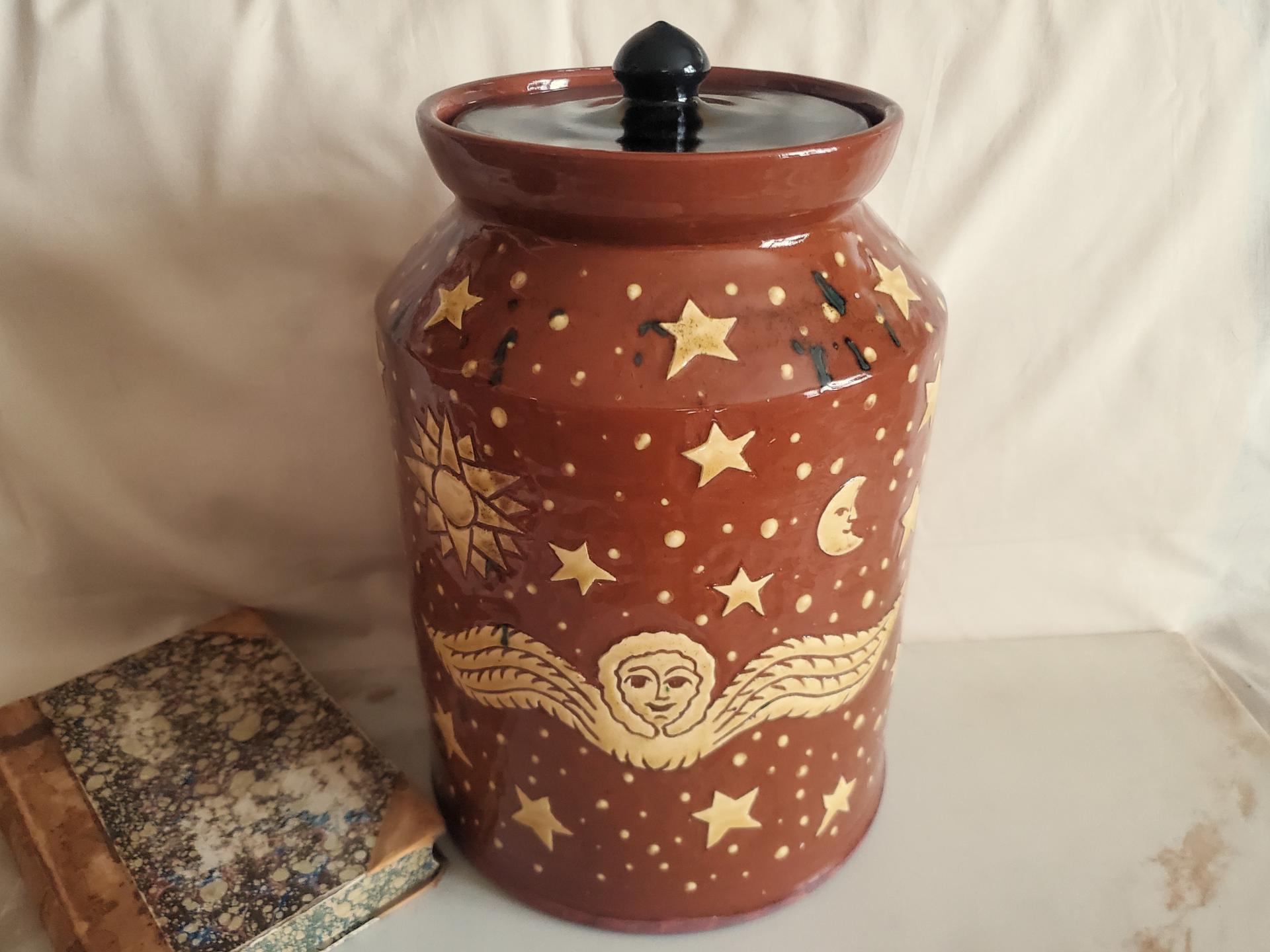 Unique Large Redware Jar, Angel with Moon and Sun Sgrafitto Motif